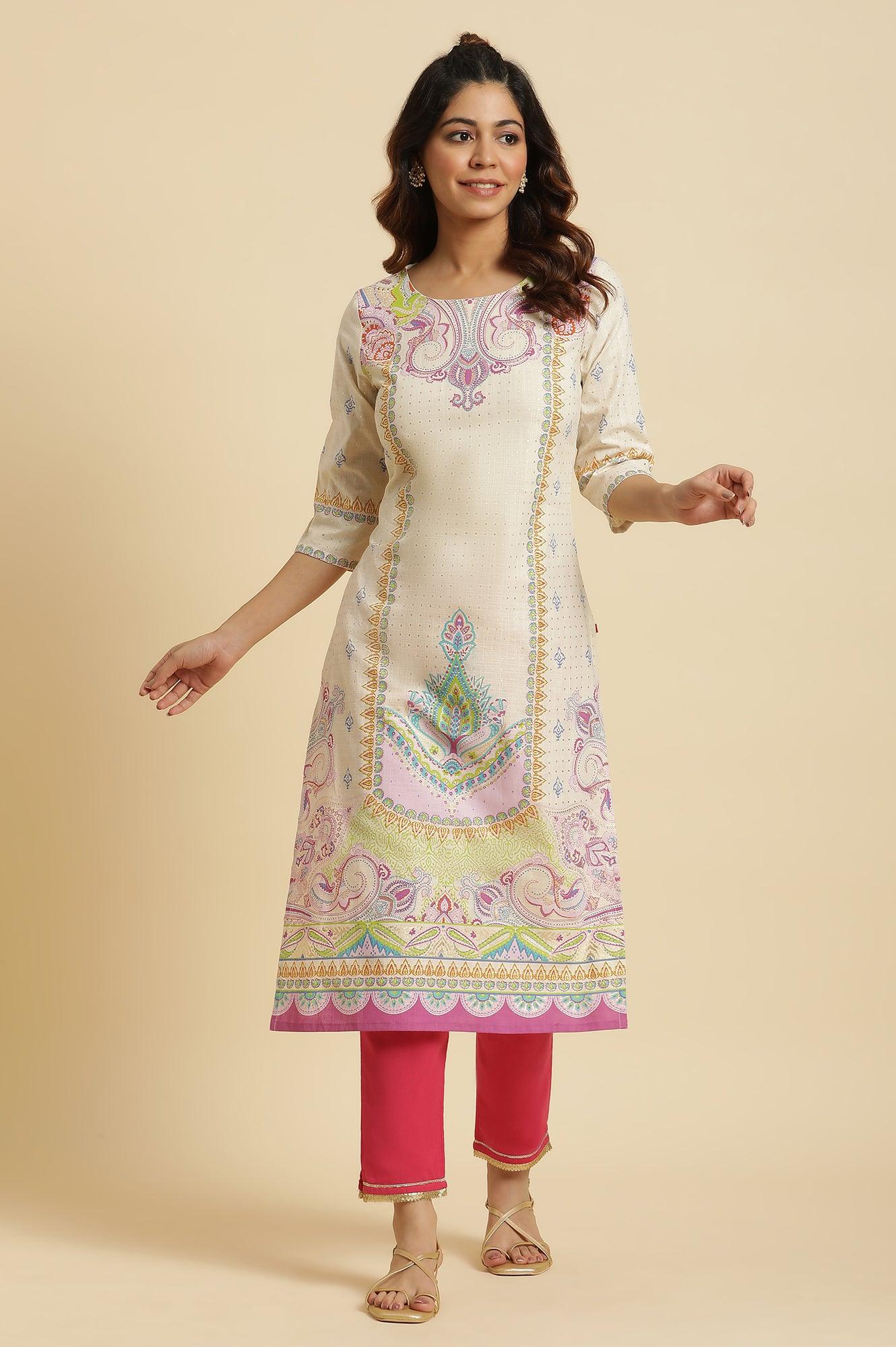 W for Woman White Ethnic Motif Pure Cotton Straight Kurta