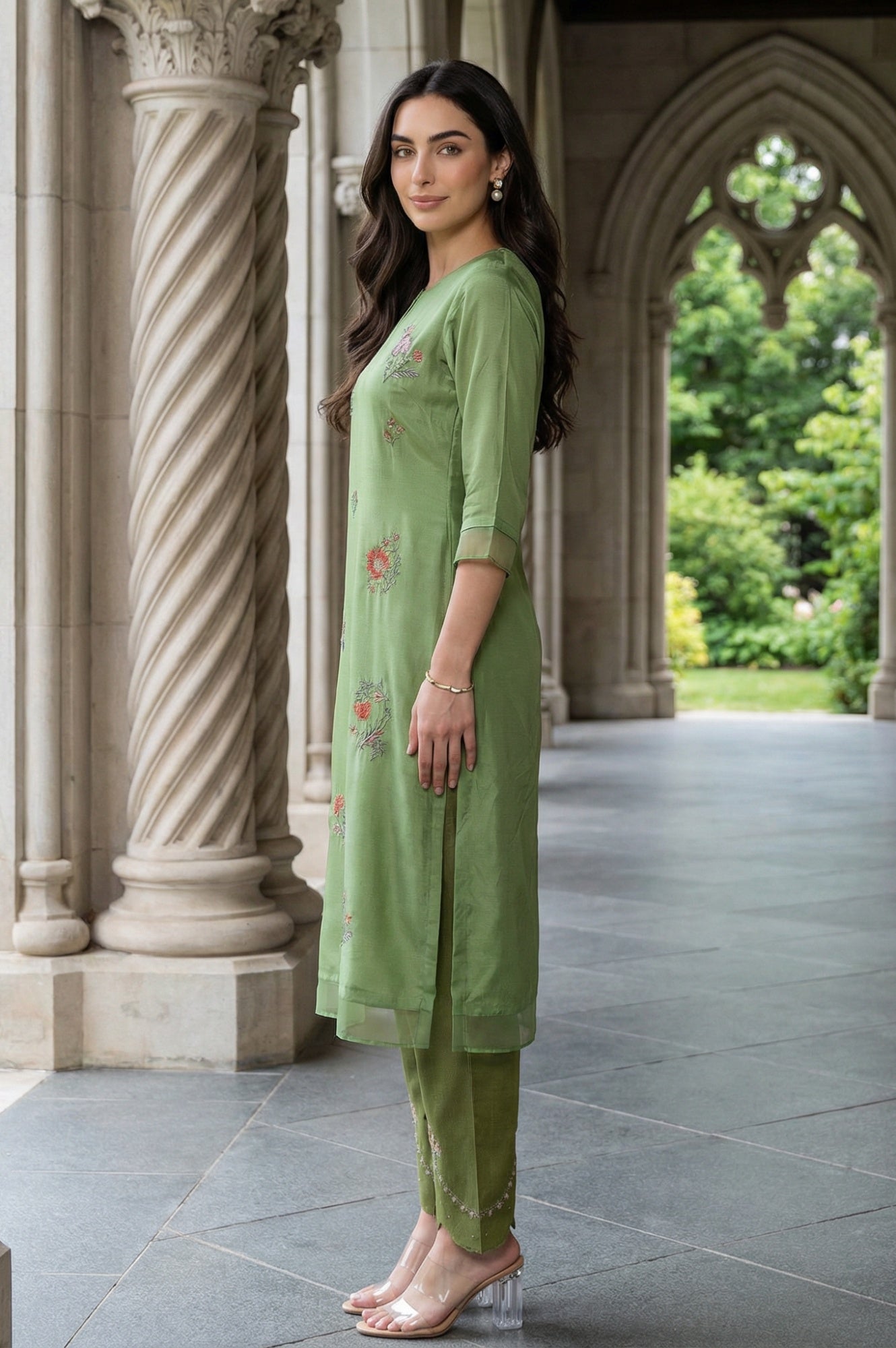 W for Woman Green Embroidered Shantung Straight Festive Kurta