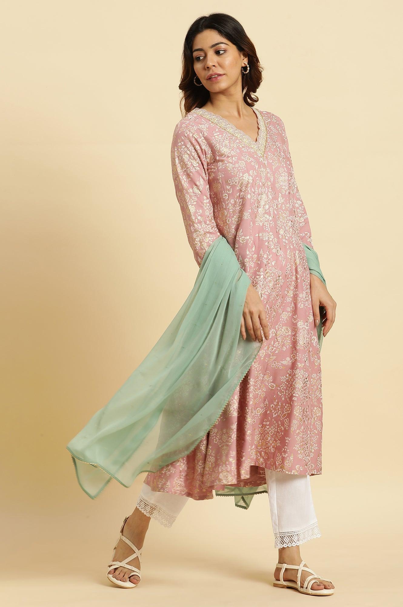 W for Woman Pink Floral Foil Printed Flared Kurta