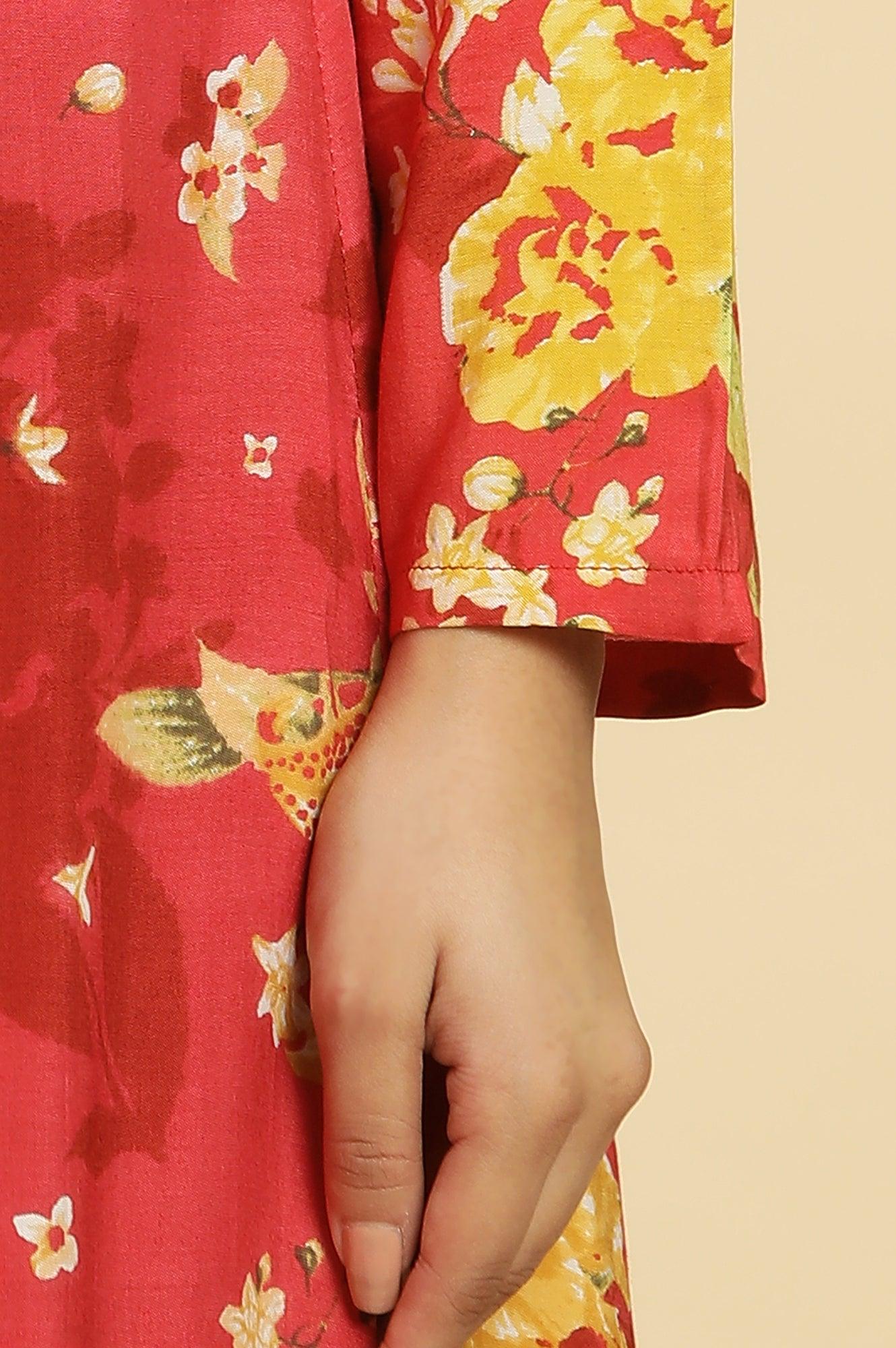 W for Woman Red Floral Printed Flared Kurta