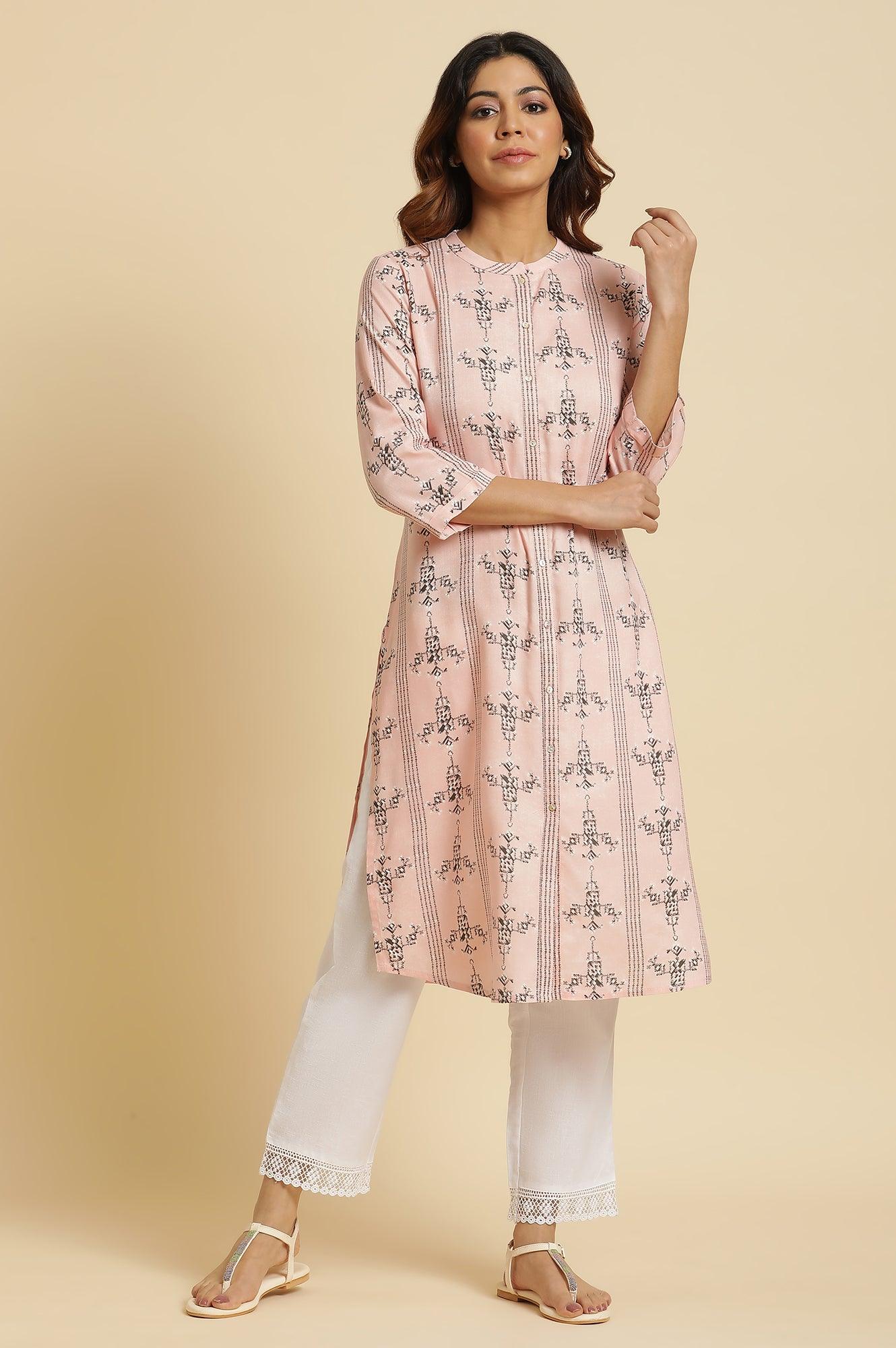 W for Woman Pink Geometric Printed Rayon Shirt Kurta