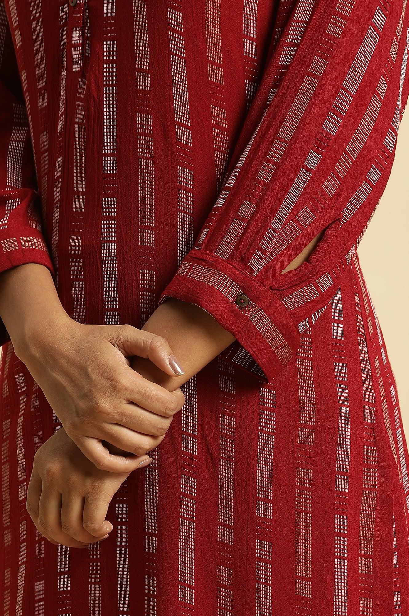 W for Woman Red Printed Mandarin Collar Casual Kurta