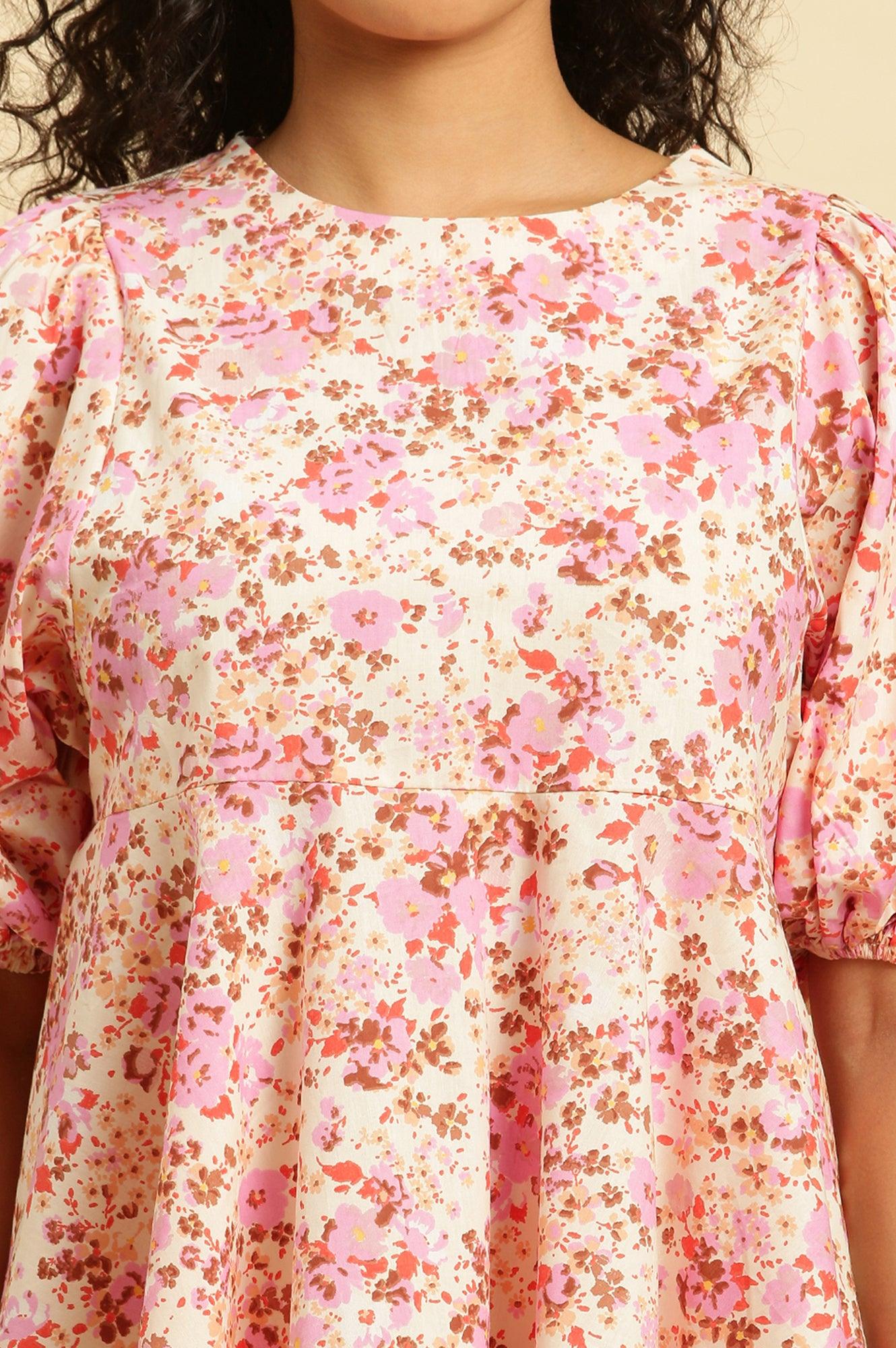 W for Woman White And Pink Floral Printed Flared Top