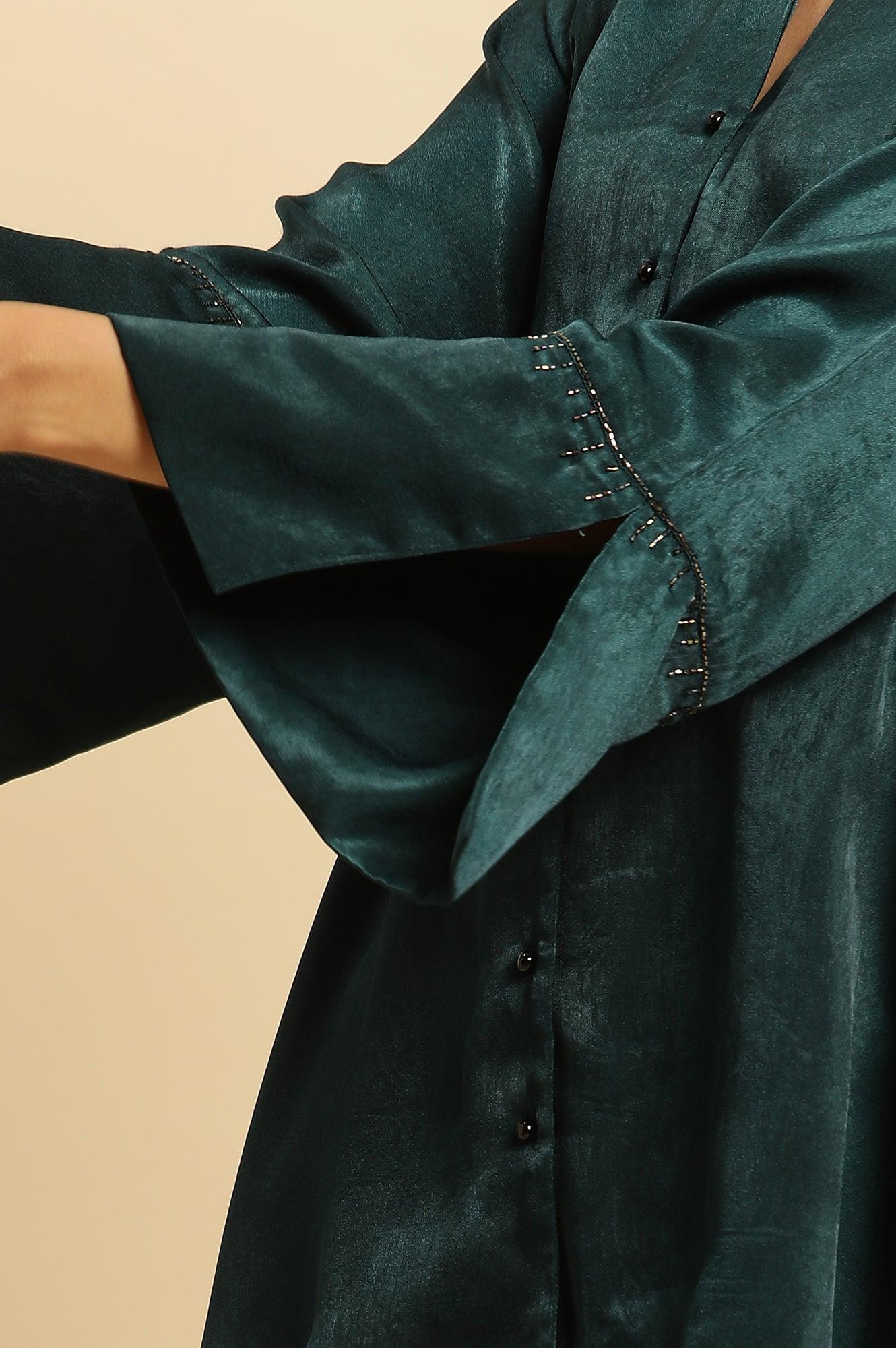 W for Woman Green Neck Cutout Embellished Shirt