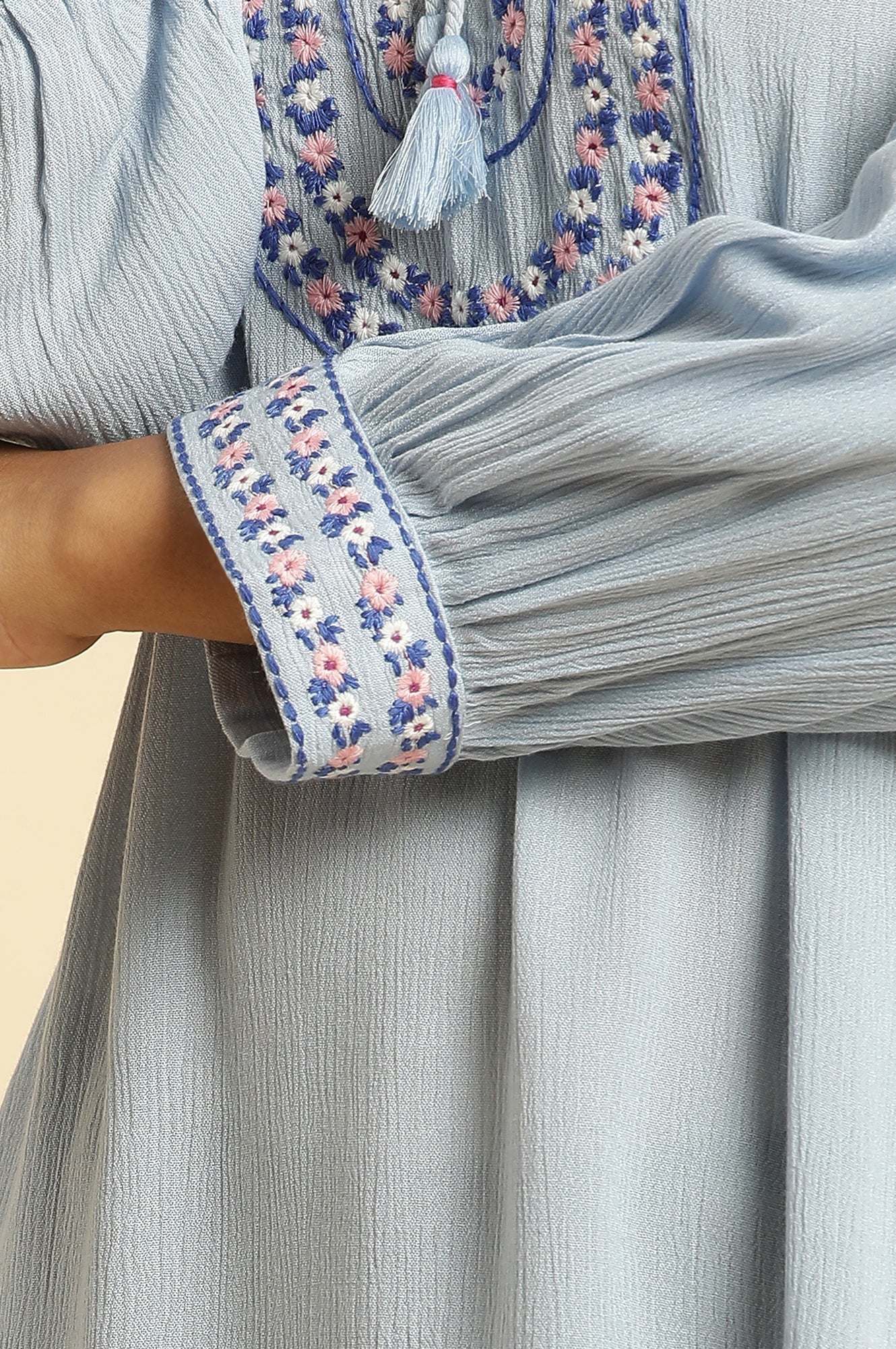 W for Woman Powder Blue Top With Embroidered Yoke