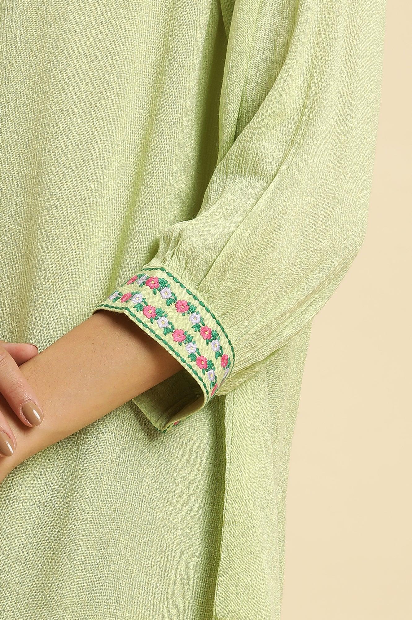 W for Woman Sage Green Embroidered Yoke Rayon Crepe Straight Top