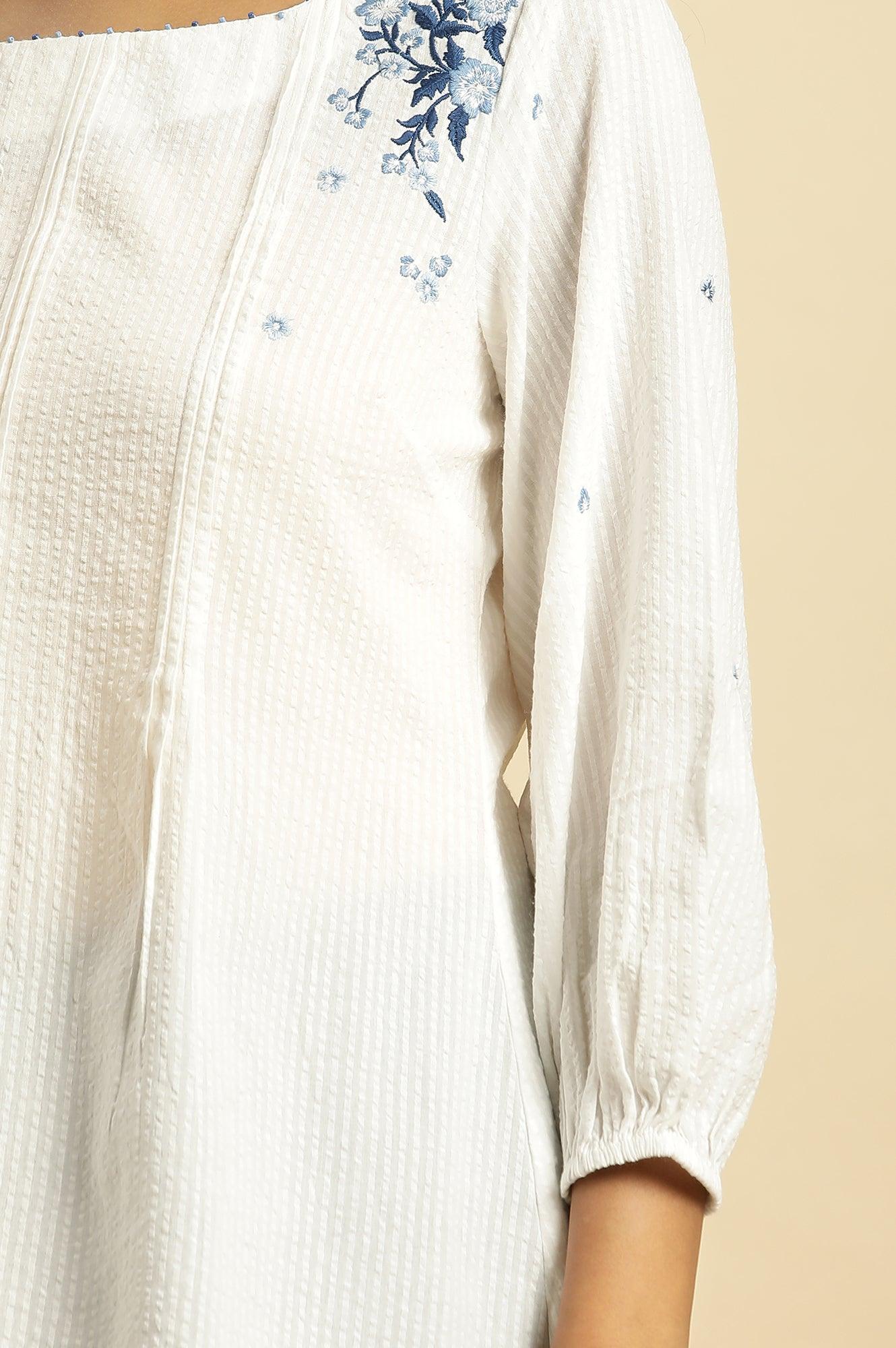 W for Woman White Front Pleated Cotton Top with Embroidery