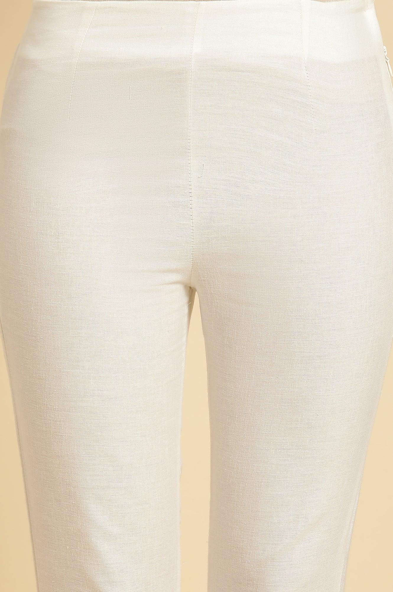 W for Woman White Slim Pants with Embroidered Hemline