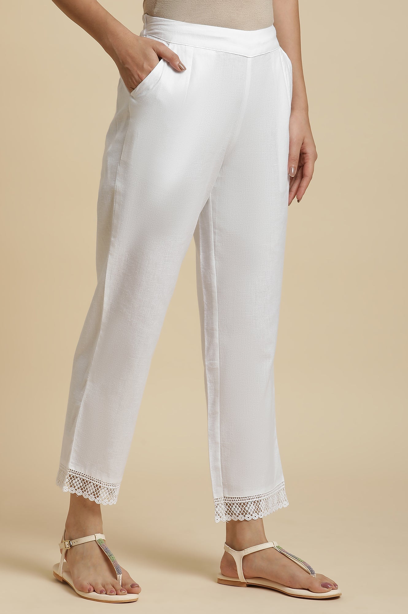 W for Woman Ecru Straight Pants With Lace Hemline