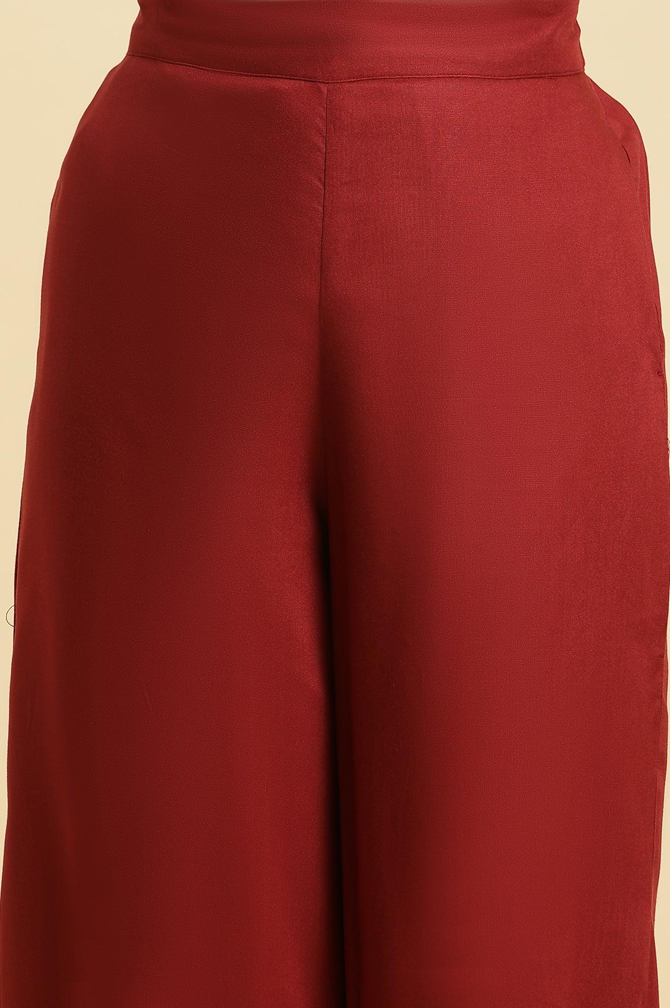 W for Woman Maroon Side Gathered Rayon Pants with Sequin Detailing