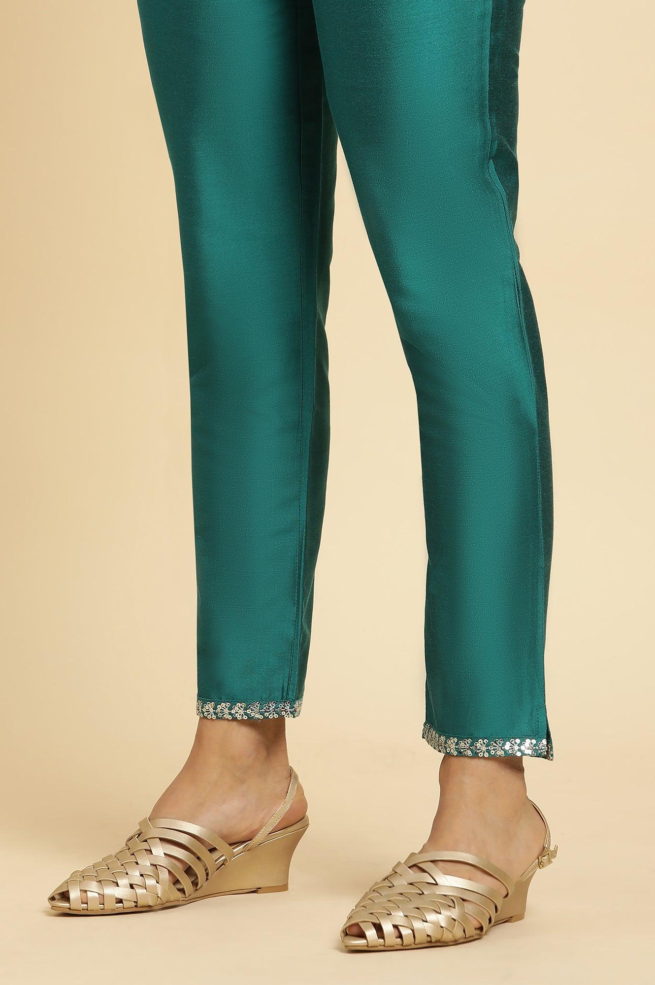 W for Woman Teal Blue Slim Pant With Embroidered Hemline