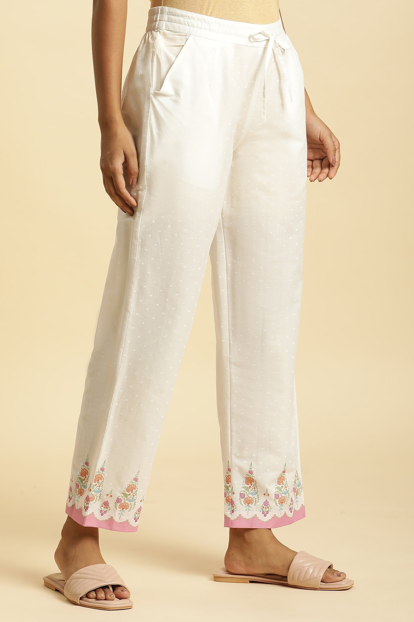 W for Woman Ecru Straight Pants With Printed Hemline