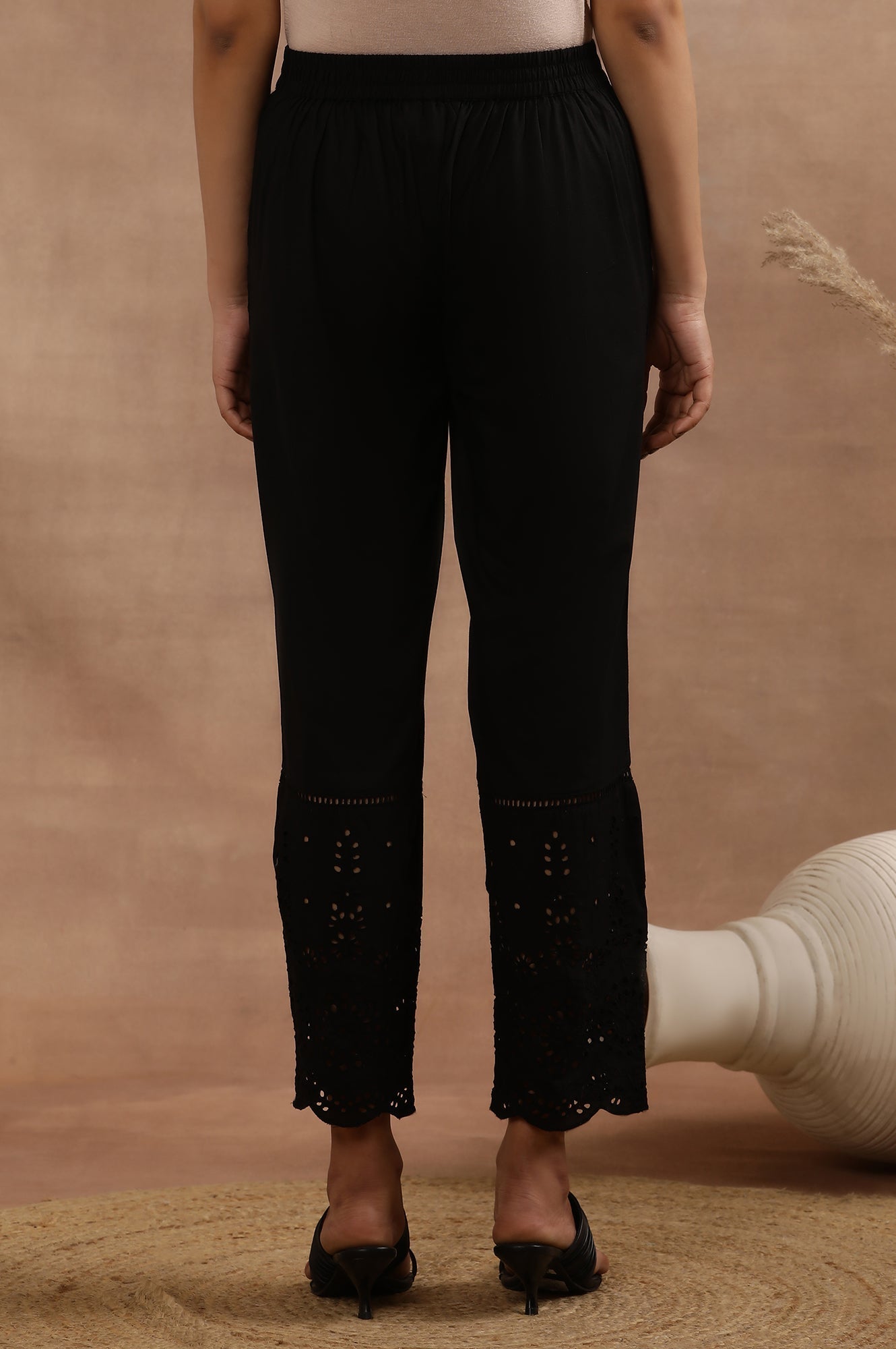 W for Woman Black Schiffli Straight Pants