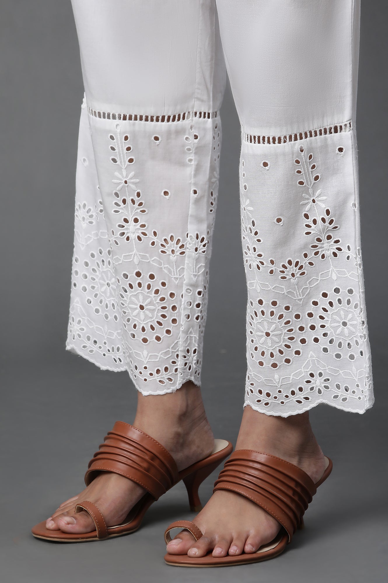 W for Woman White Schiffli Straight Pants