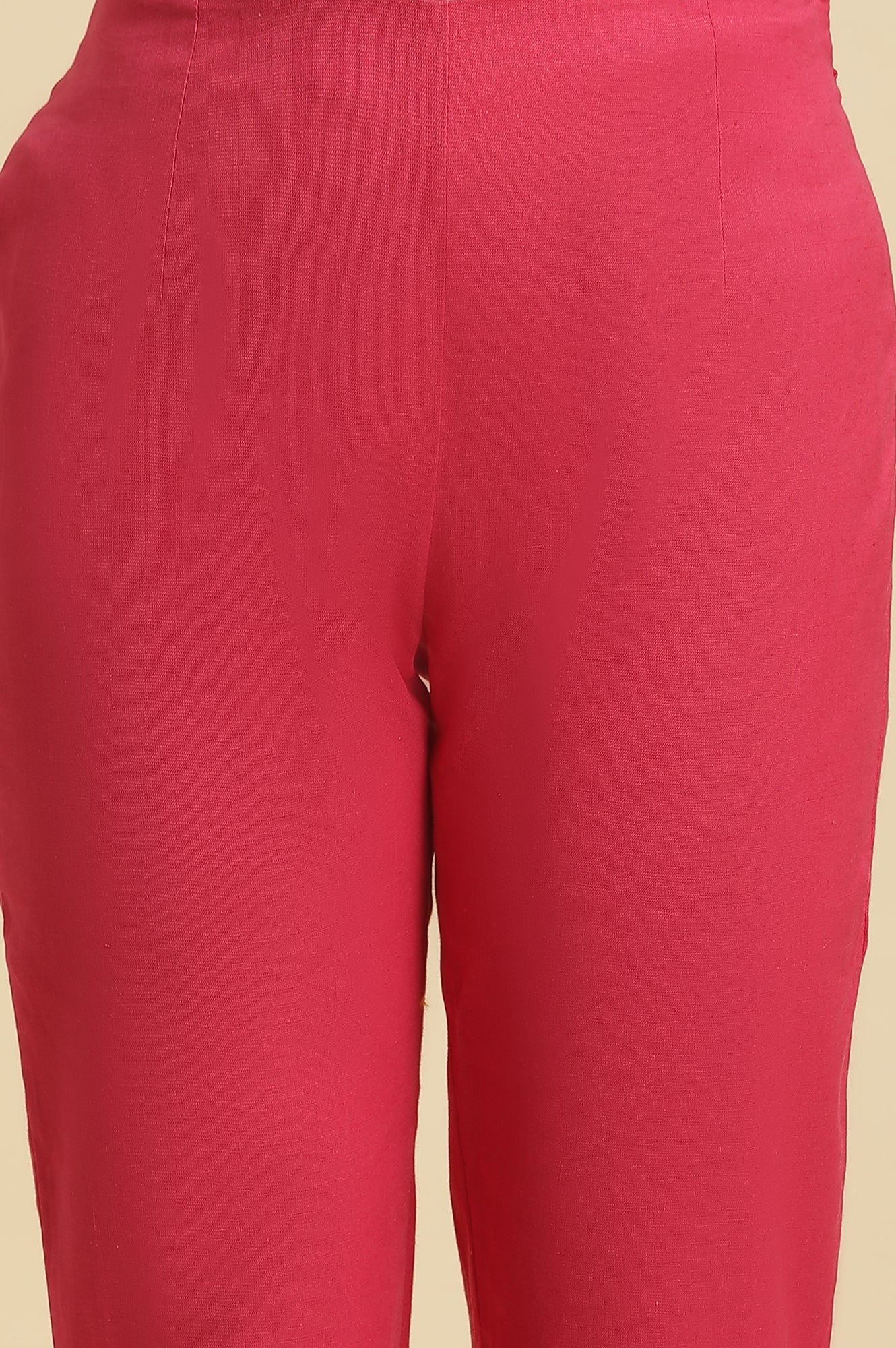 W for Woman Pink Solid Printed Shantung Straight Kurta with Slim Pant Set