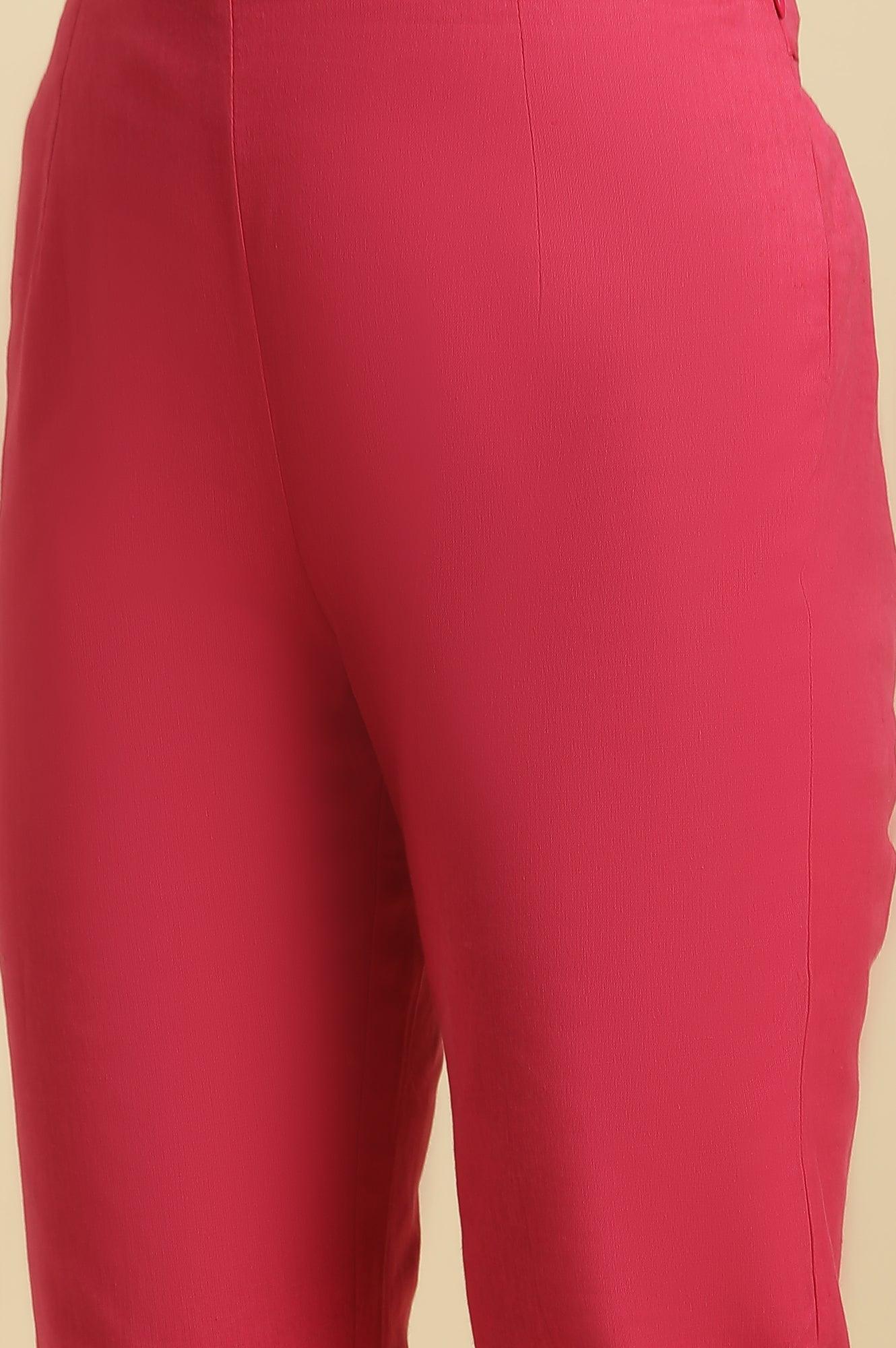 W for Woman Pink Solid Pants with Gota Trim at Hem