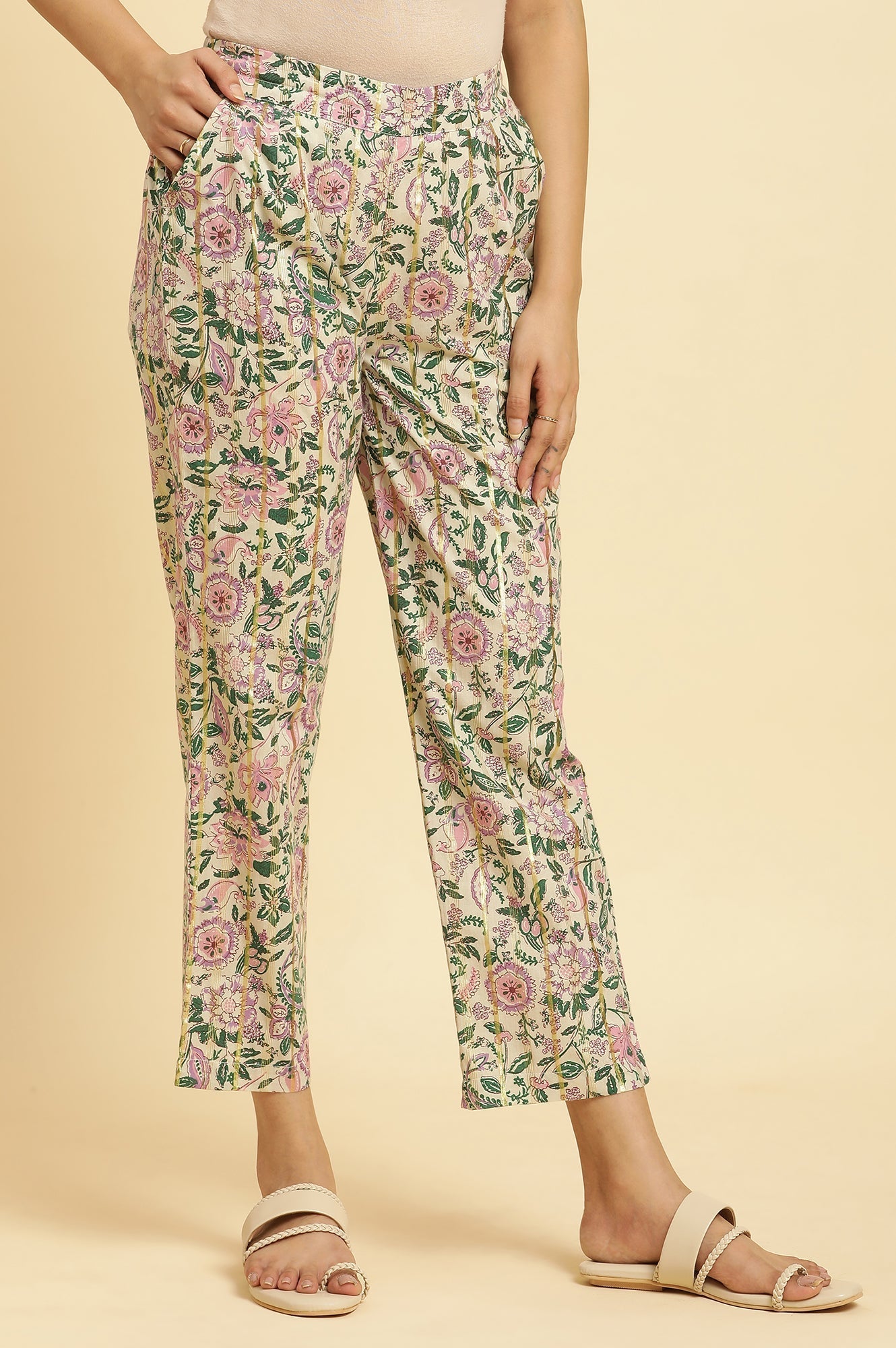 W for Woman Ecru Straight Pants With Multi-Coloured Floral Print