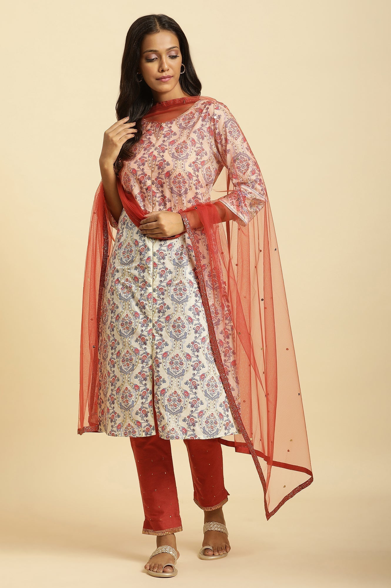 W for Woman Rust Red Net Dupatta With Glitter Tape Border