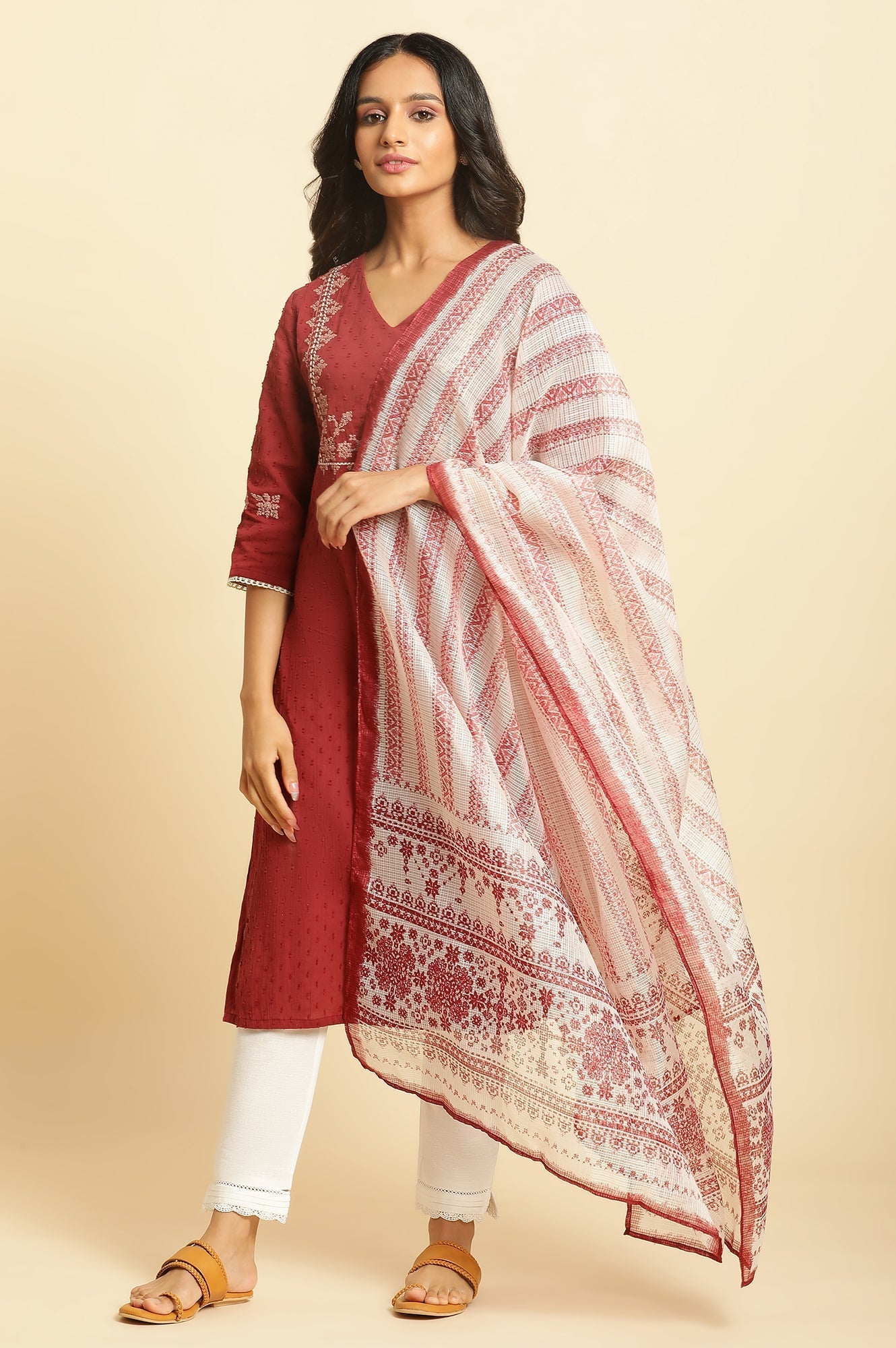 W for Woman Ecru and Maroon Printed Kota Dupatta
