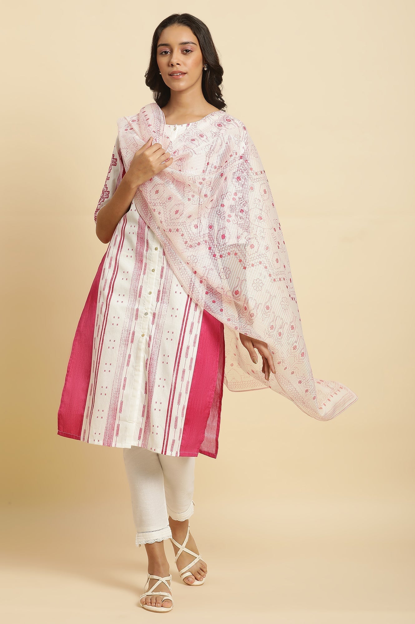 W for Woman White Kota Dupatta In Pink Print