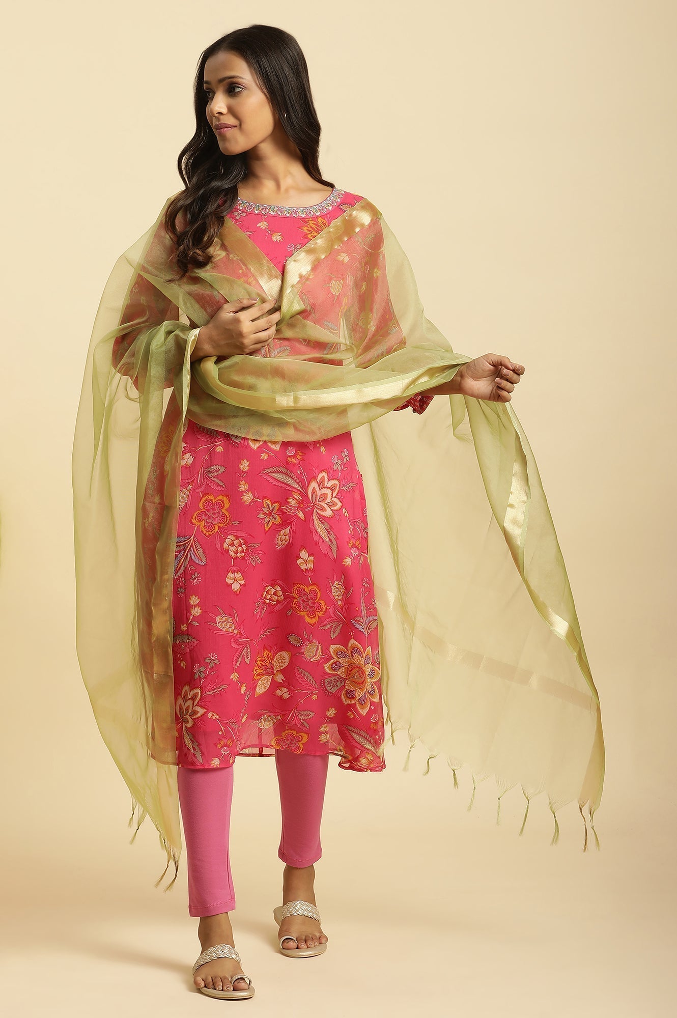 W for Woman Green Organza Festive Dupatta