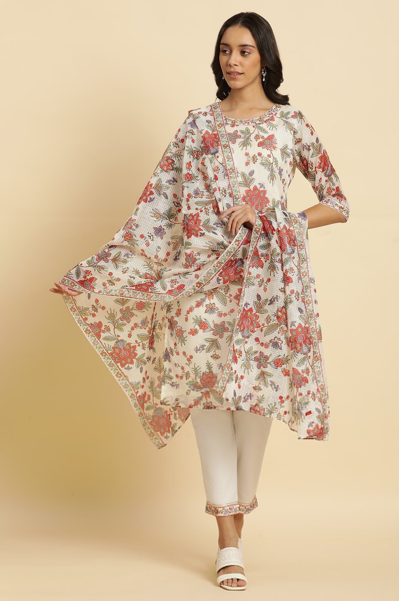 W for Woman Ecru Kota Dupatta In Multi-Coloured Print