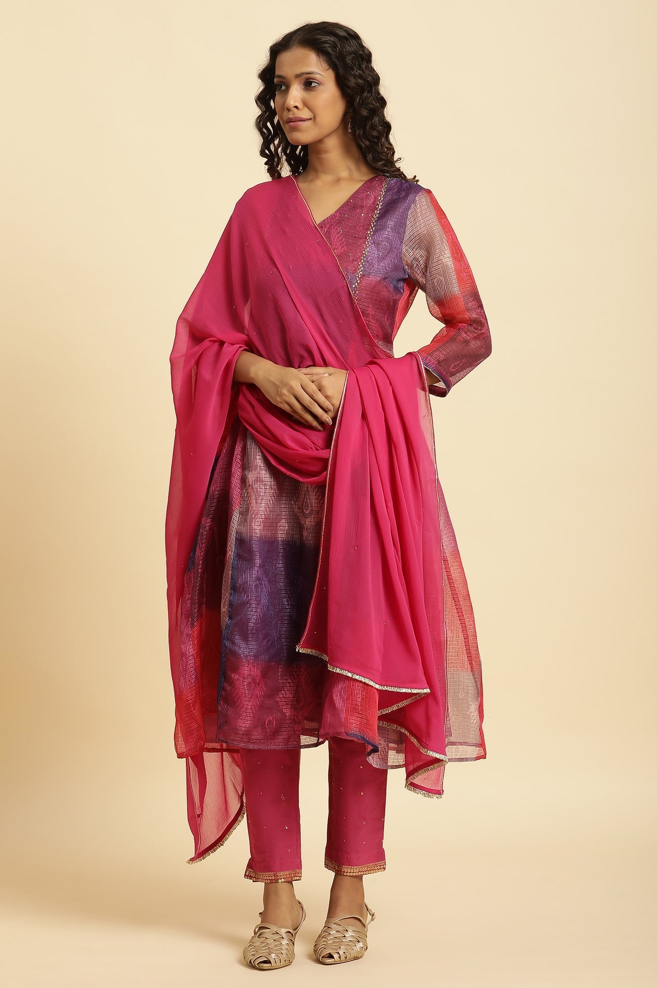 W for Woman Pink Chiffon Dupatta With Gota Border
