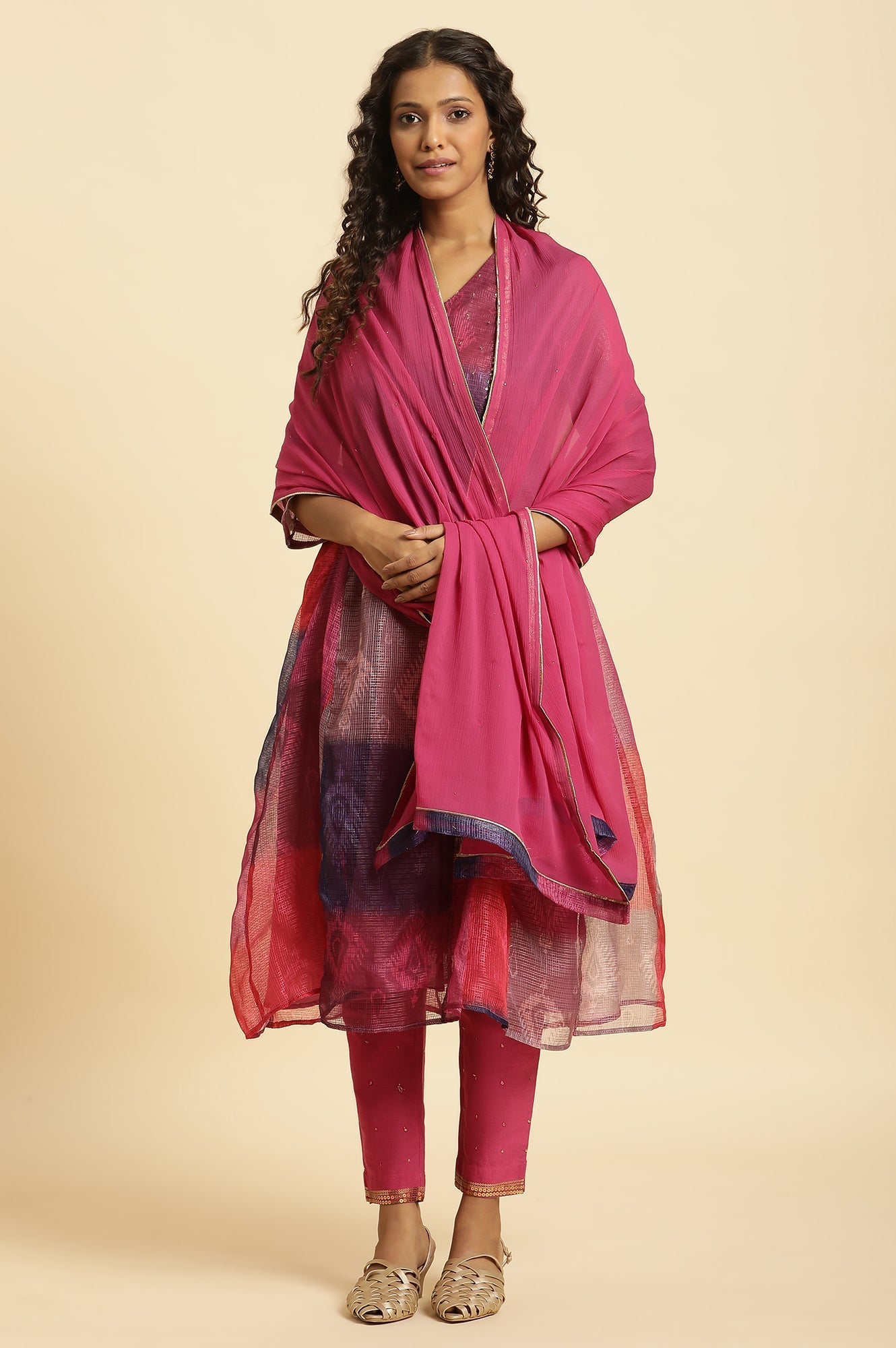W for Woman Pink Chiffon Dupatta With Golden Mukaish Highlight