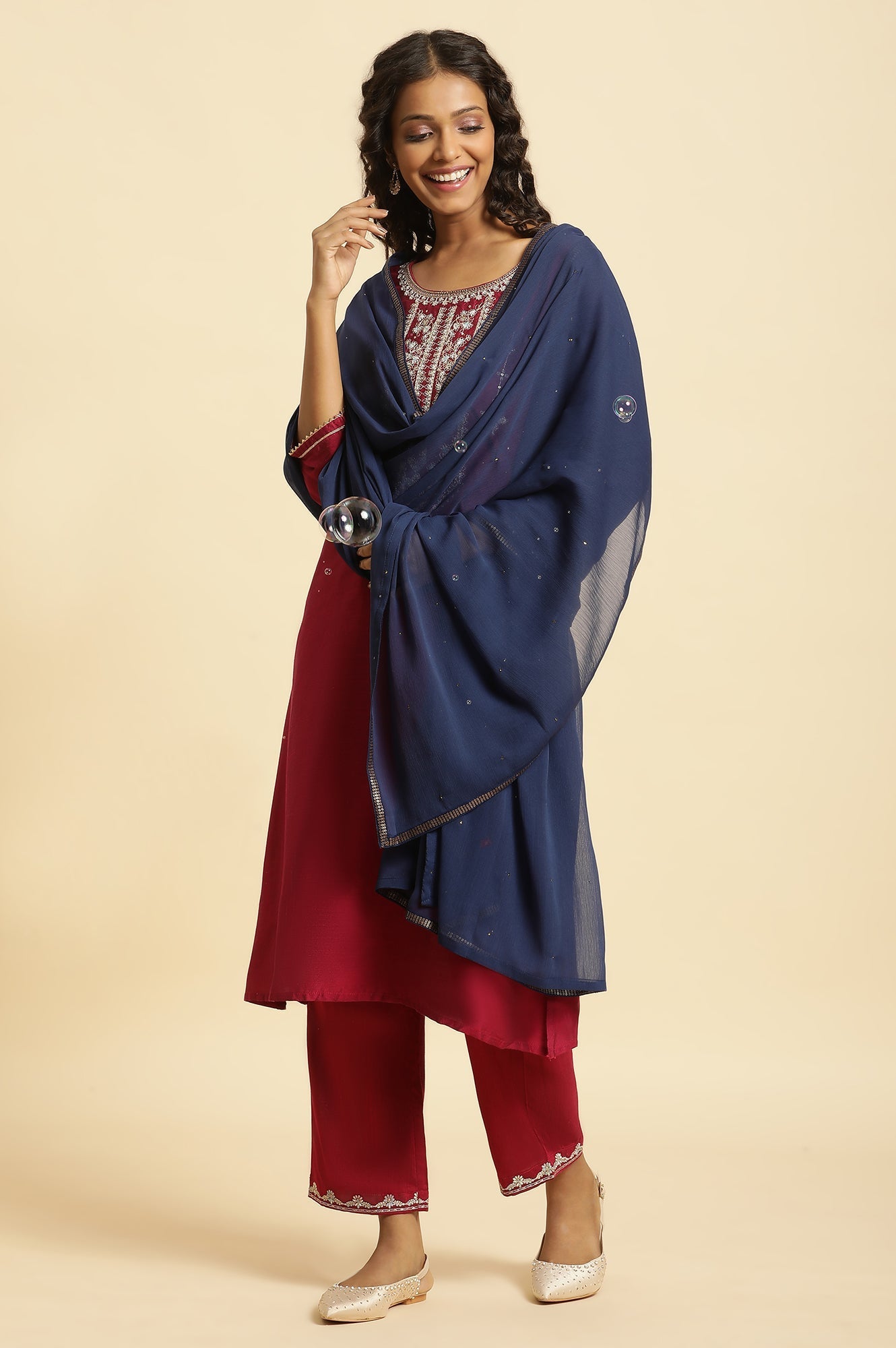 W for Woman Blue Chiffon Mukaish Dupatta