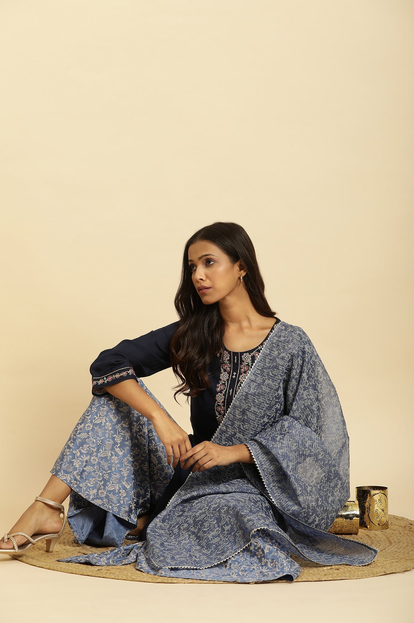W for Woman Blue Printed Kota Dupatta