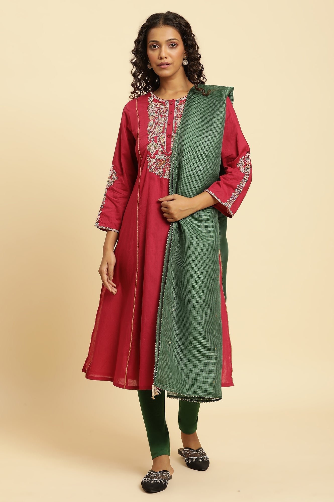 W for Woman Dark Green Embellished Kota Dupatta with Gota