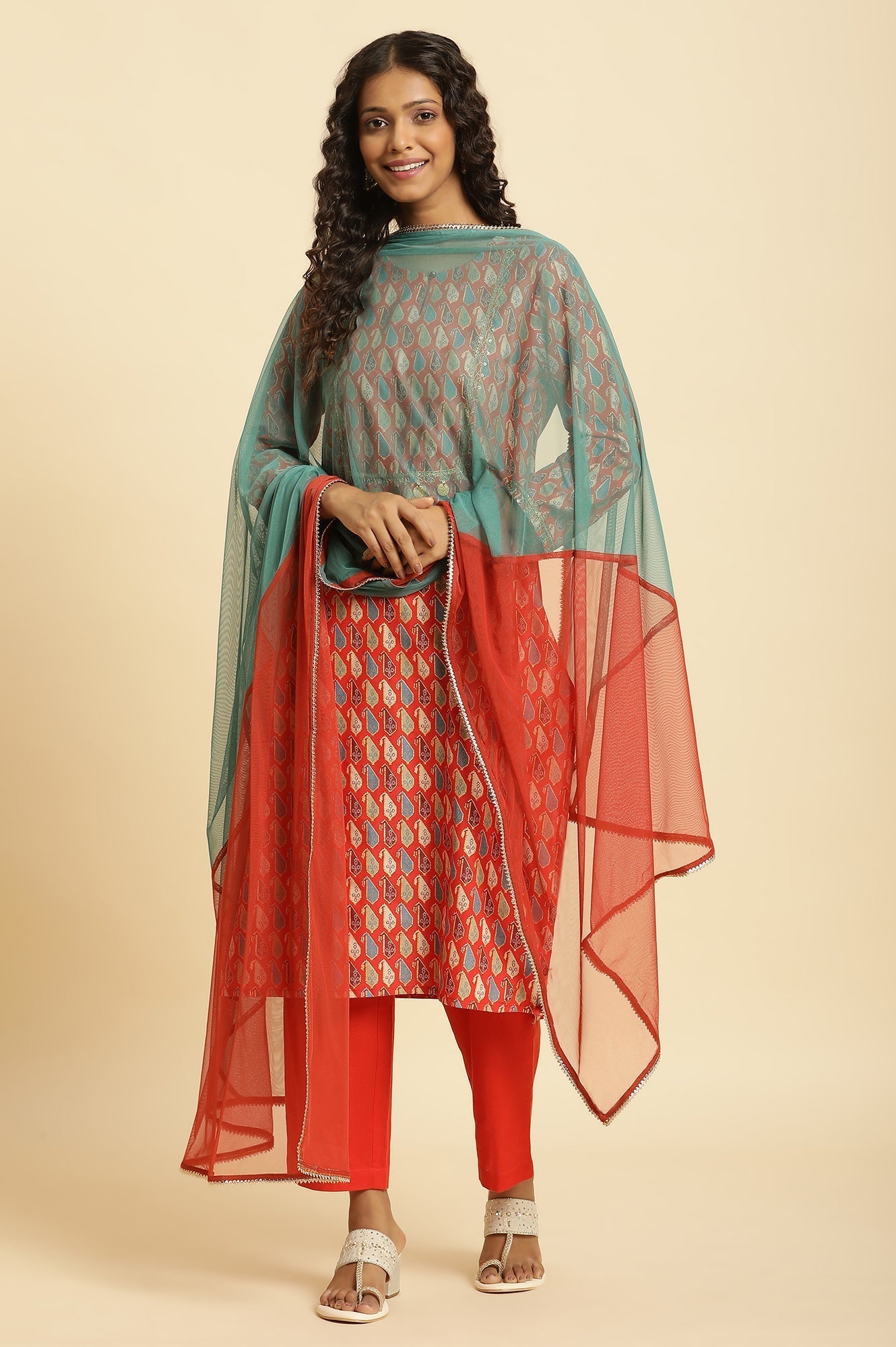 W for Woman Orange and Teal Half-and-Half Net Dupatta