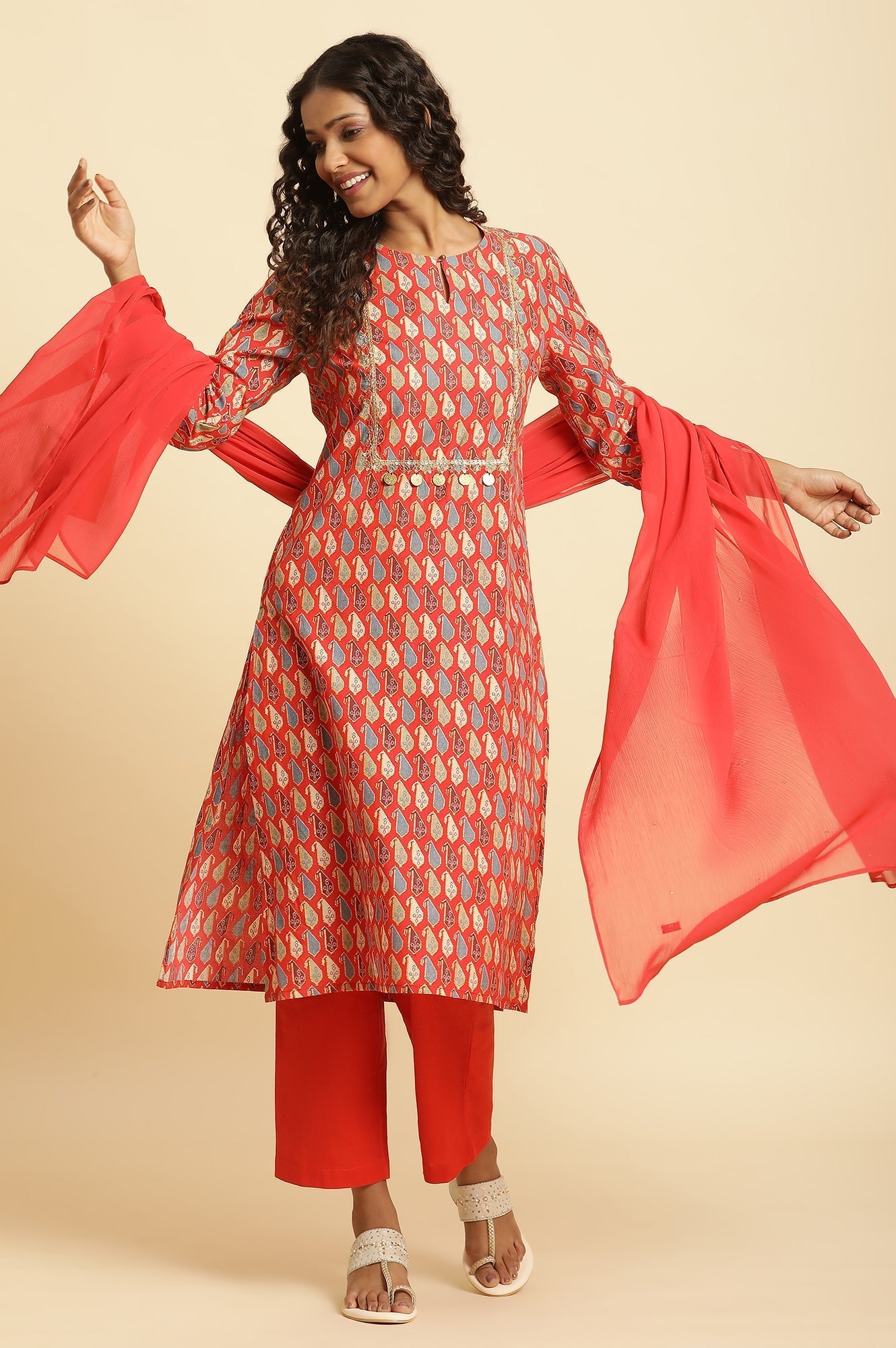 W for Woman Red Chiffon Dupatta With Mukaish Detail