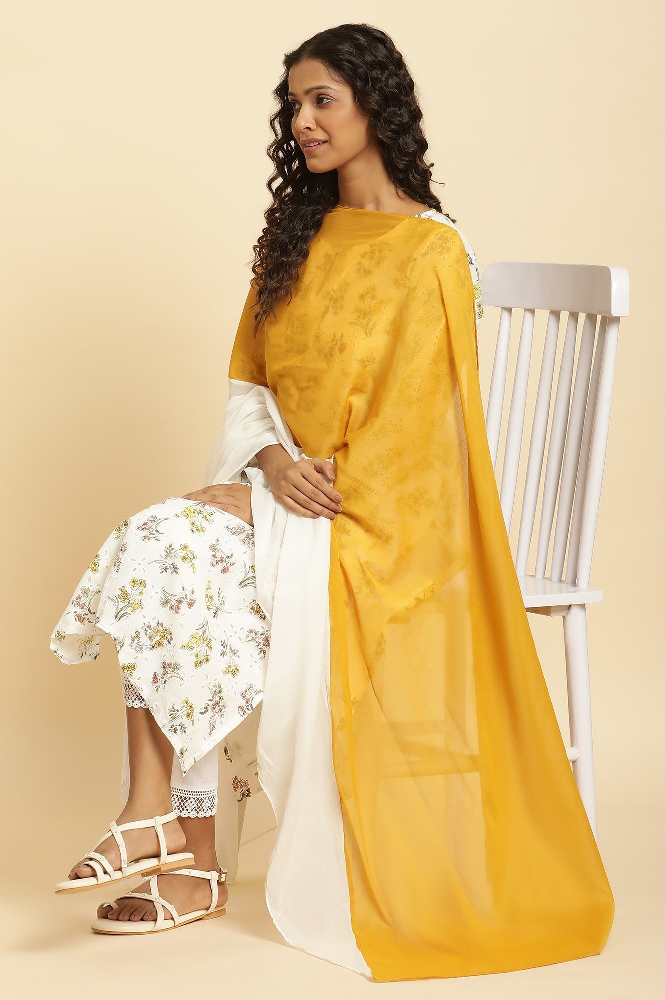 W for Woman Yellow And Ecru Colour-Block Cotton Dupatta