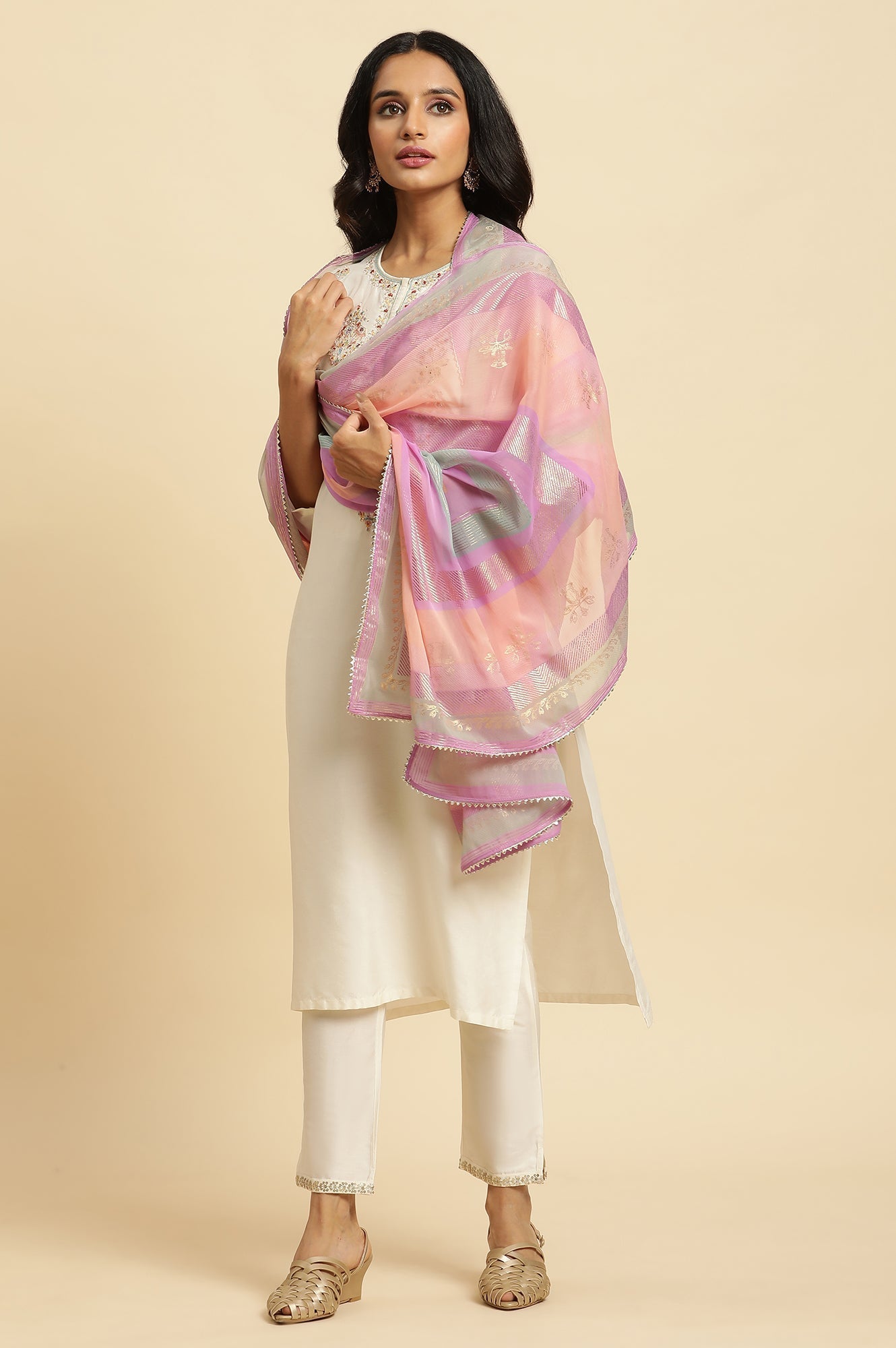 W for Woman Lilac Floral Printed Chiffon Dupatta
