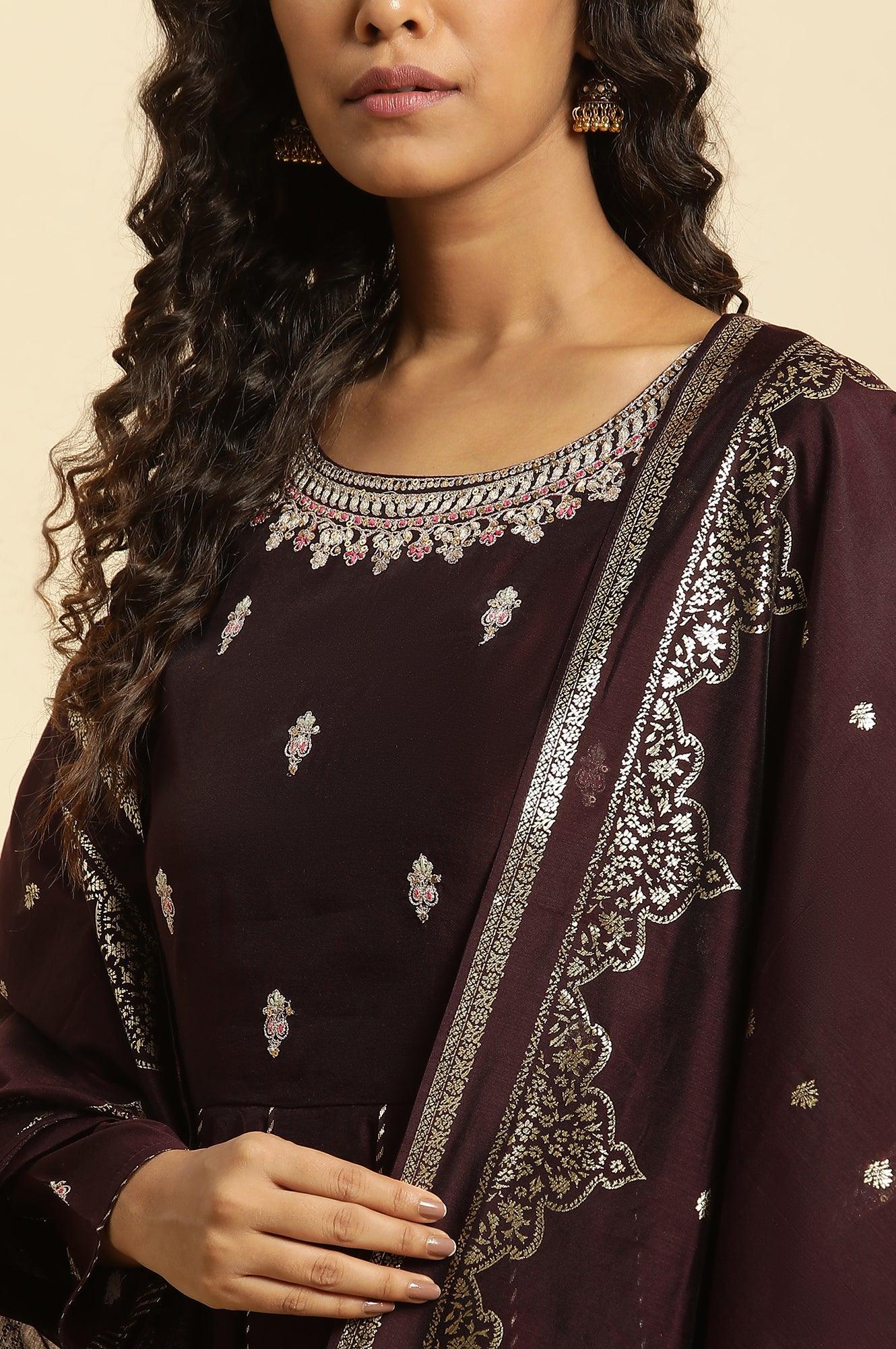 W for Woman Purple Flared Embroidered Kurta, Pants And Dupatta Set