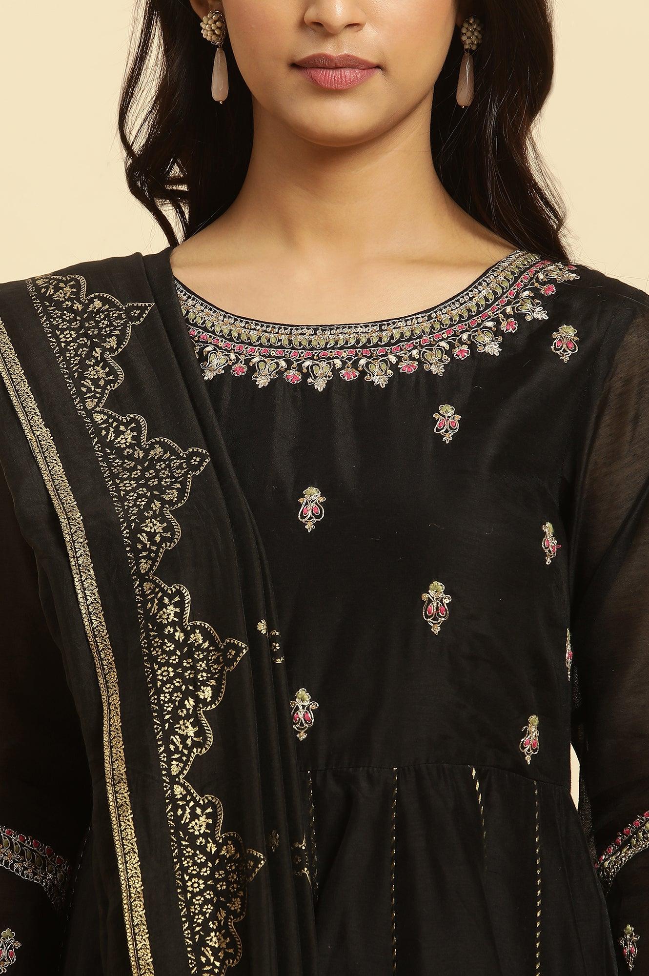 W for Woman Black Flared Metallic Embroidered Kurta, Pants And Dupatta Set