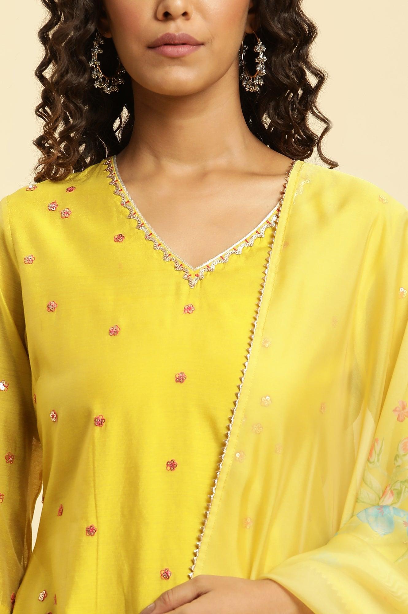 W for Woman Yellow Metallic Embroidered Kurta, Pants And Organza Dupatta