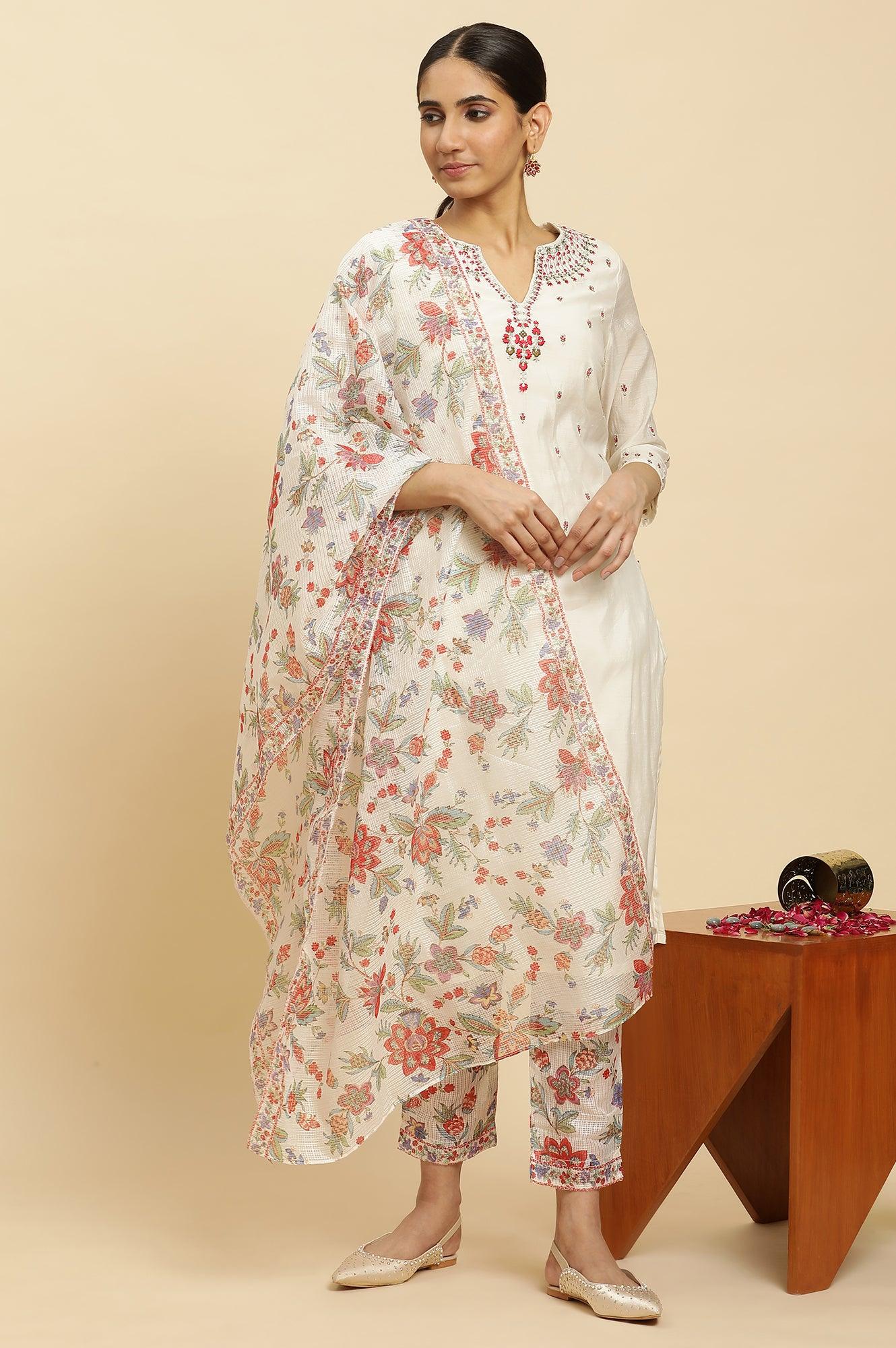 W for Woman Ecru Chanderi Embroidered Kurta Set with Slim Pants and Dupatta