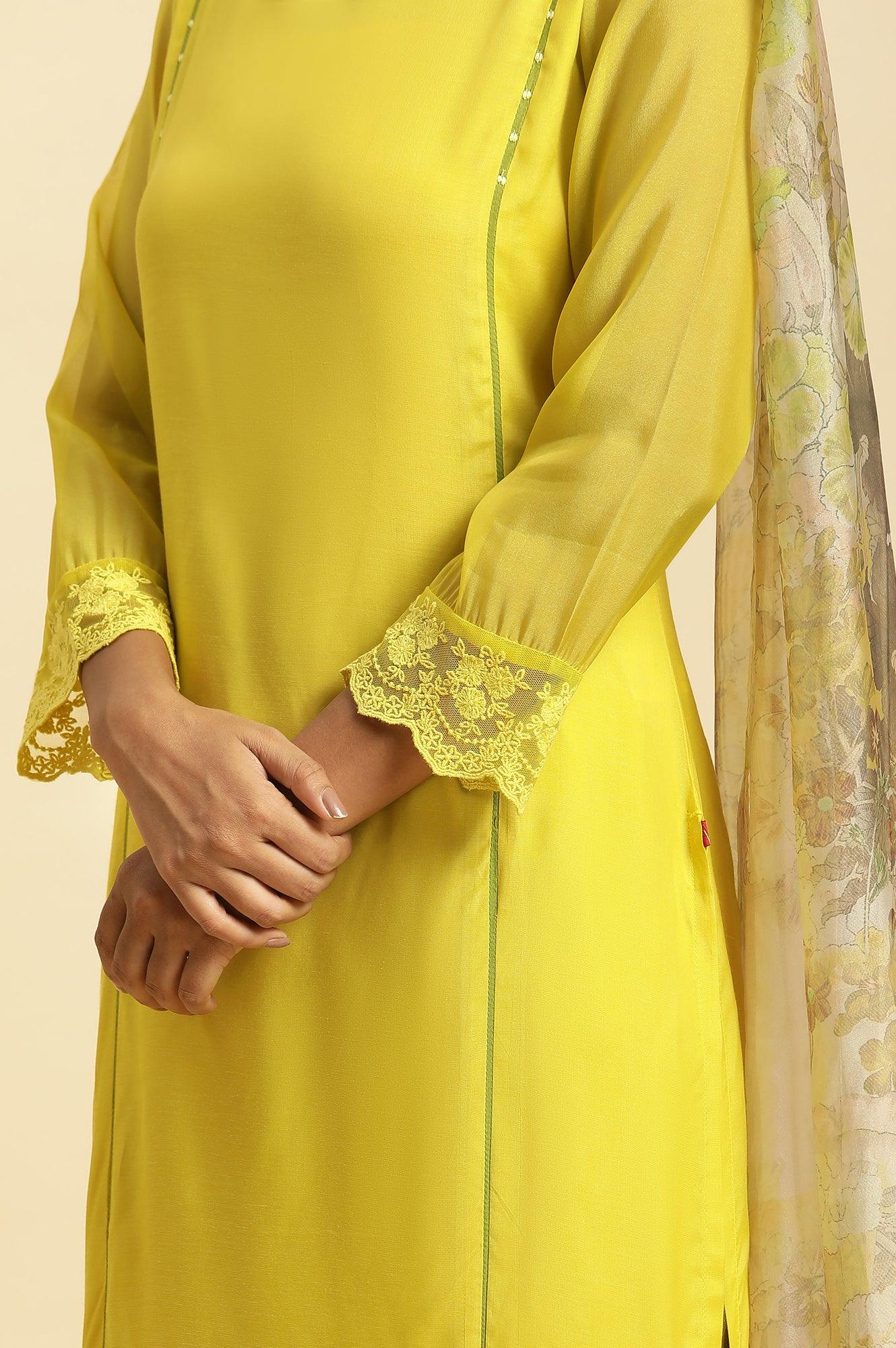 W for Woman Lime Green Lace Kurta Pants and Dupatta Set