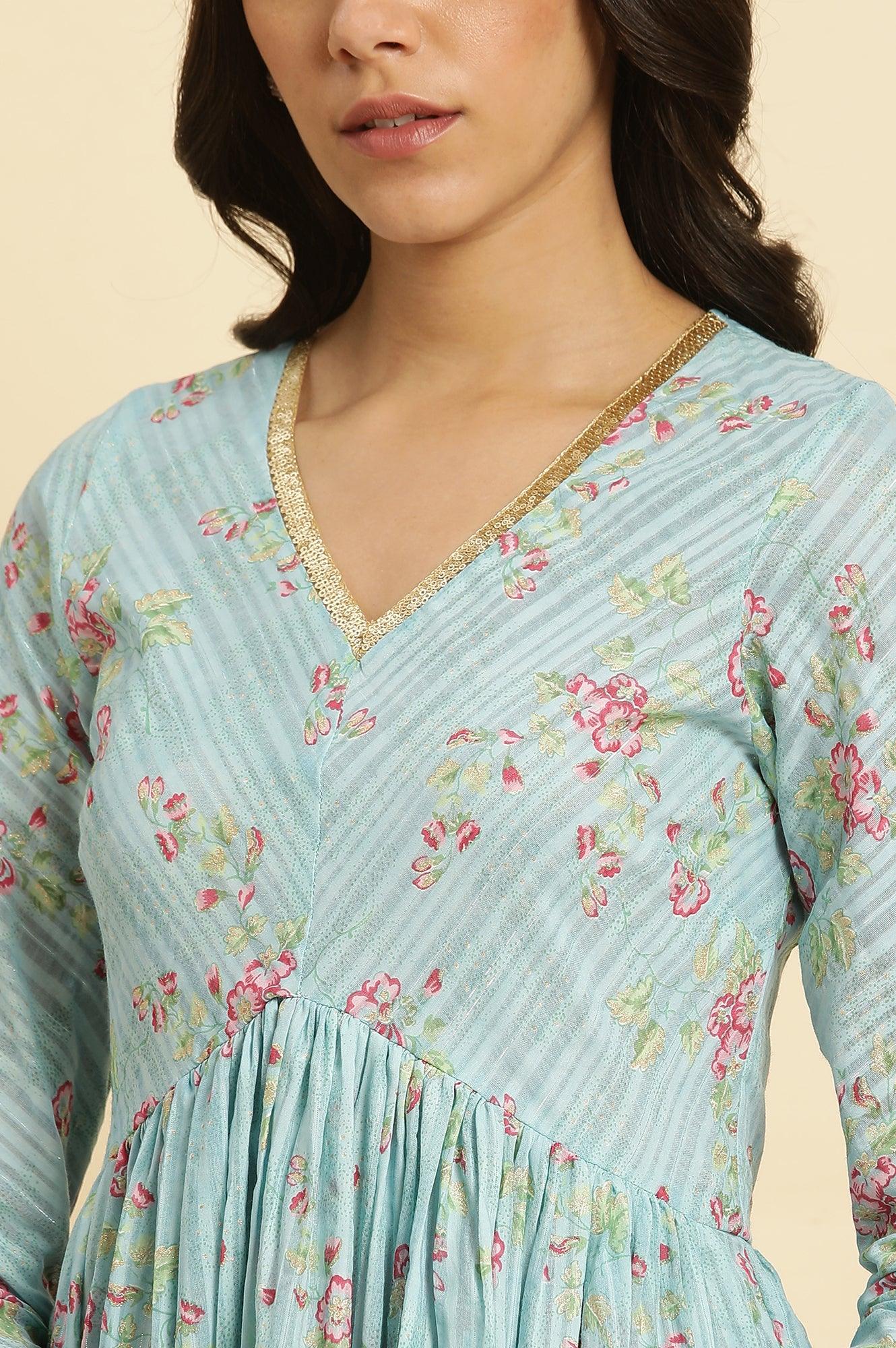 W for Woman Blue Printed Anarkali Kurta, Pants & Dupatta Set