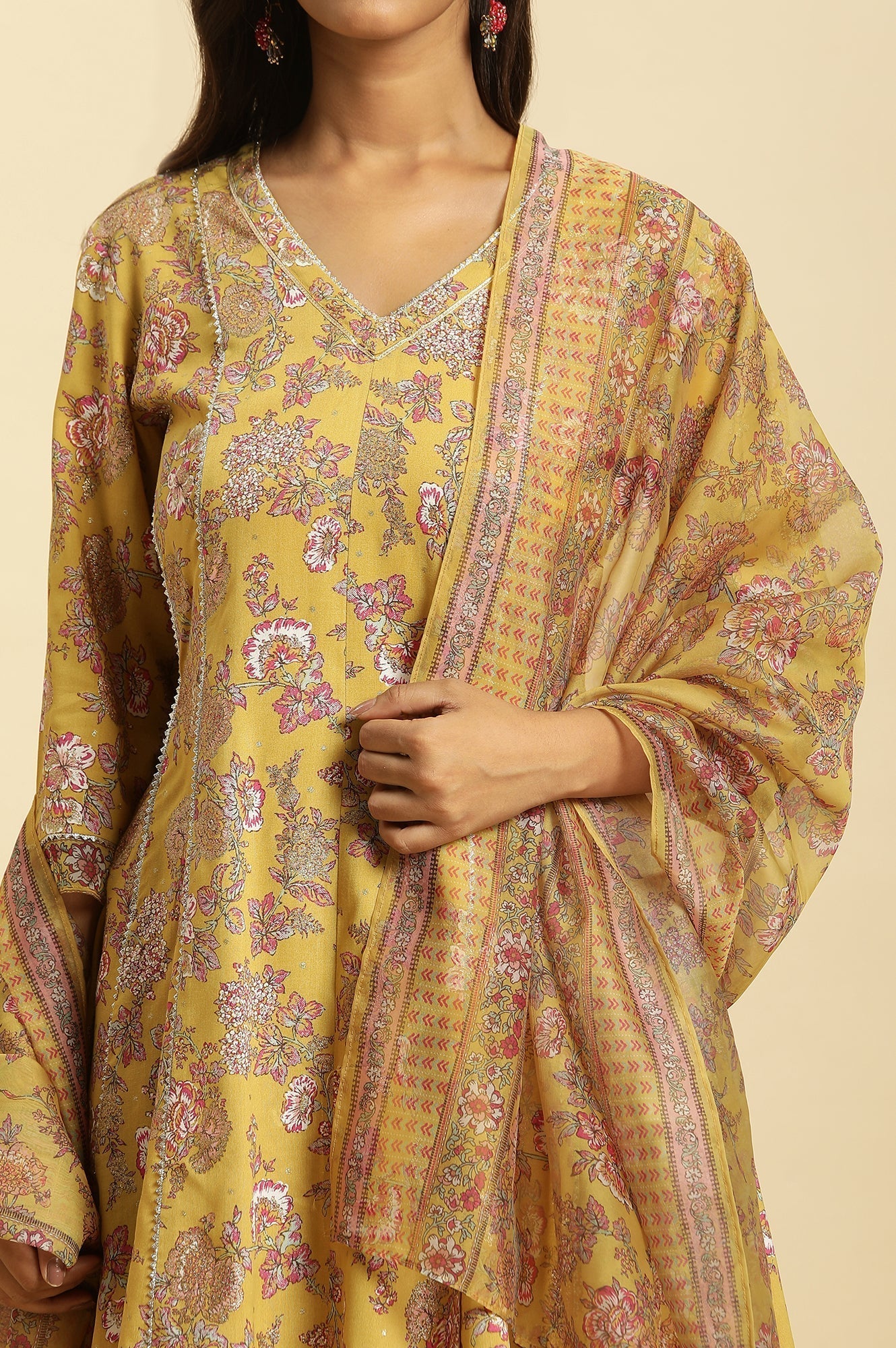 W for Woman Yellow Floral Printed Short Flared Kurta, Sharara and Dupatta Set