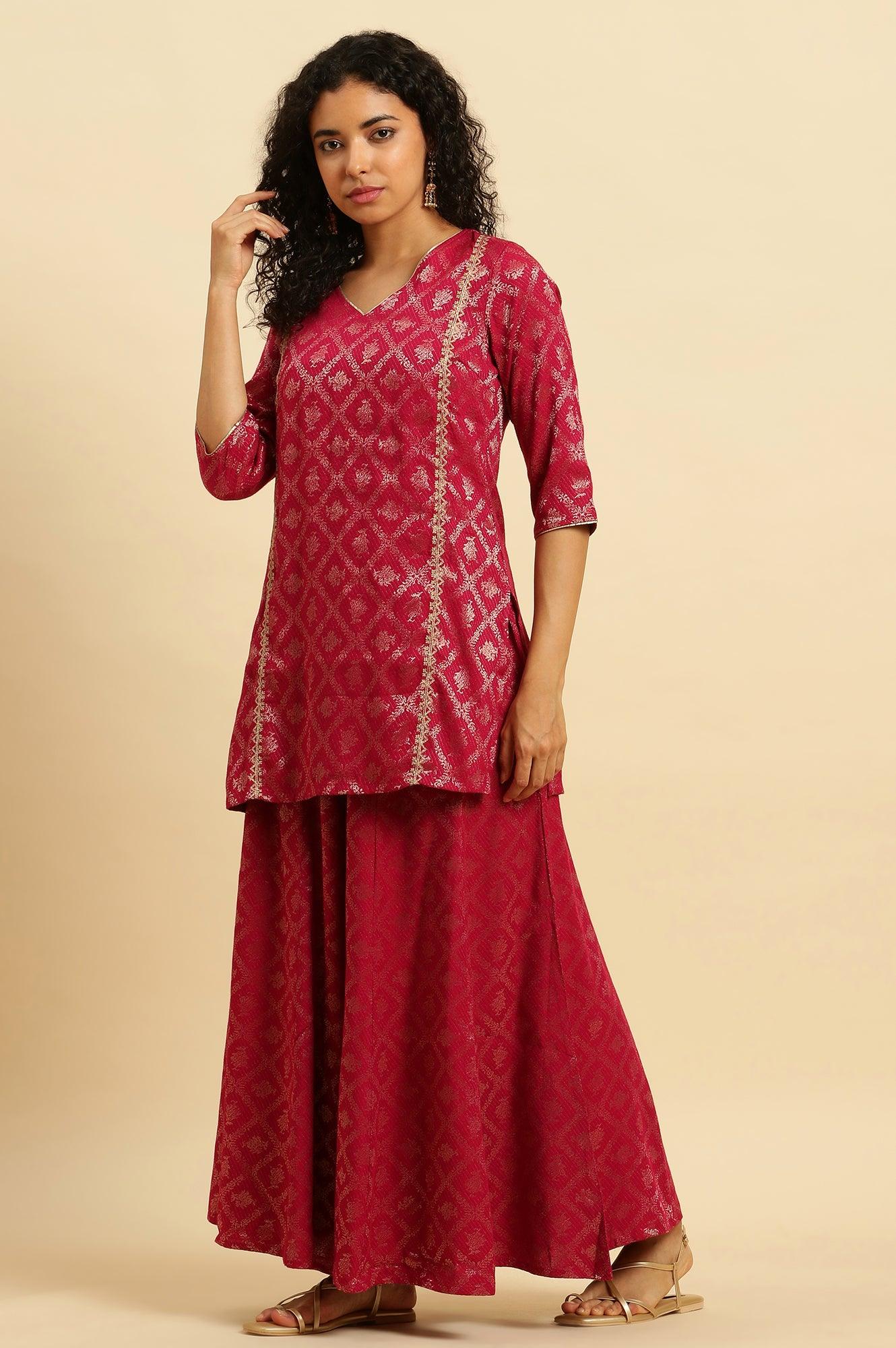 W for Woman Pink Zari Embellished Short Kurta, Flared Pants And Dupatta Set