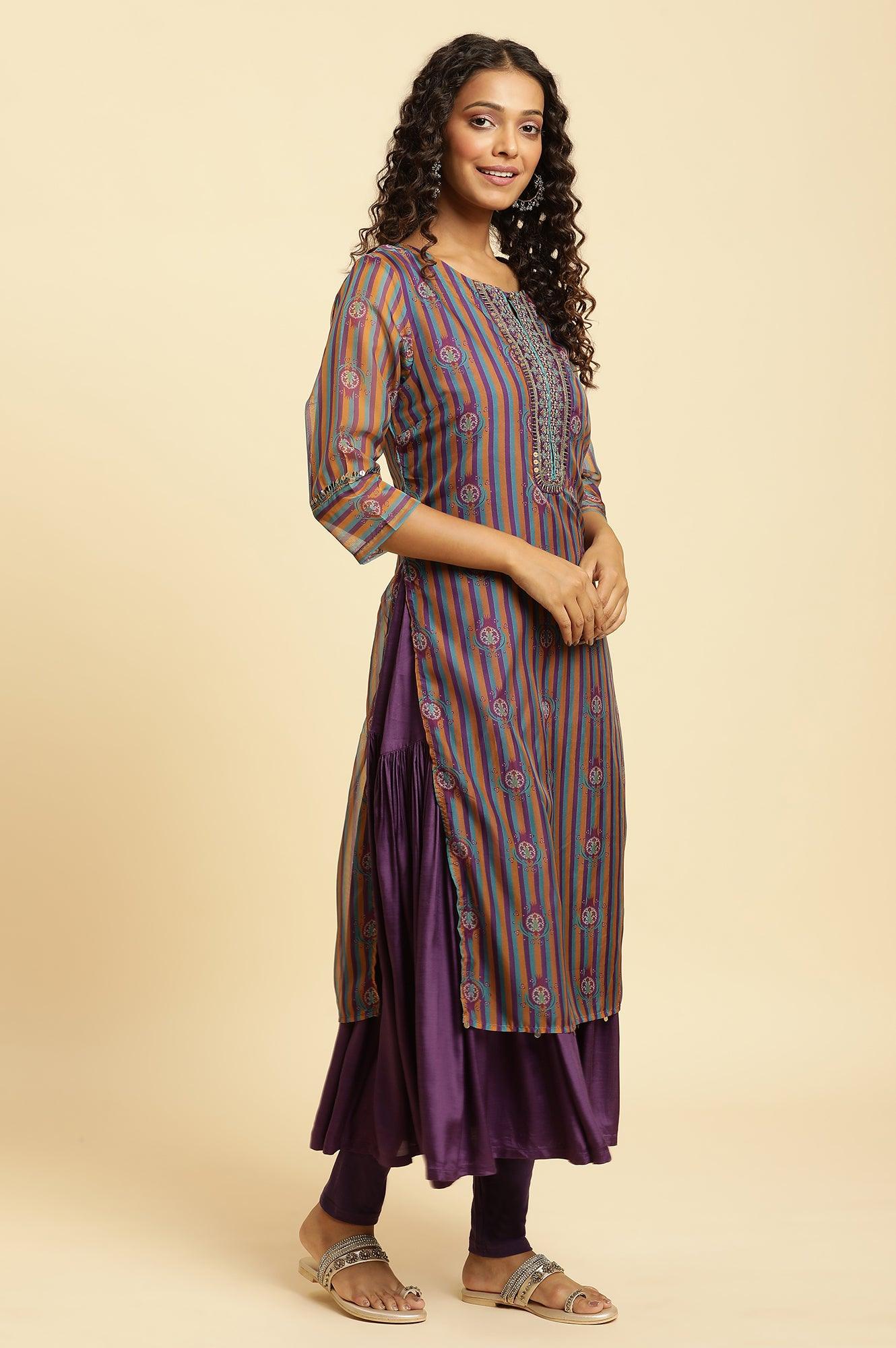 W for Woman Purple Layered Suzani Printed Kurta, Tights and Dupatta Set
