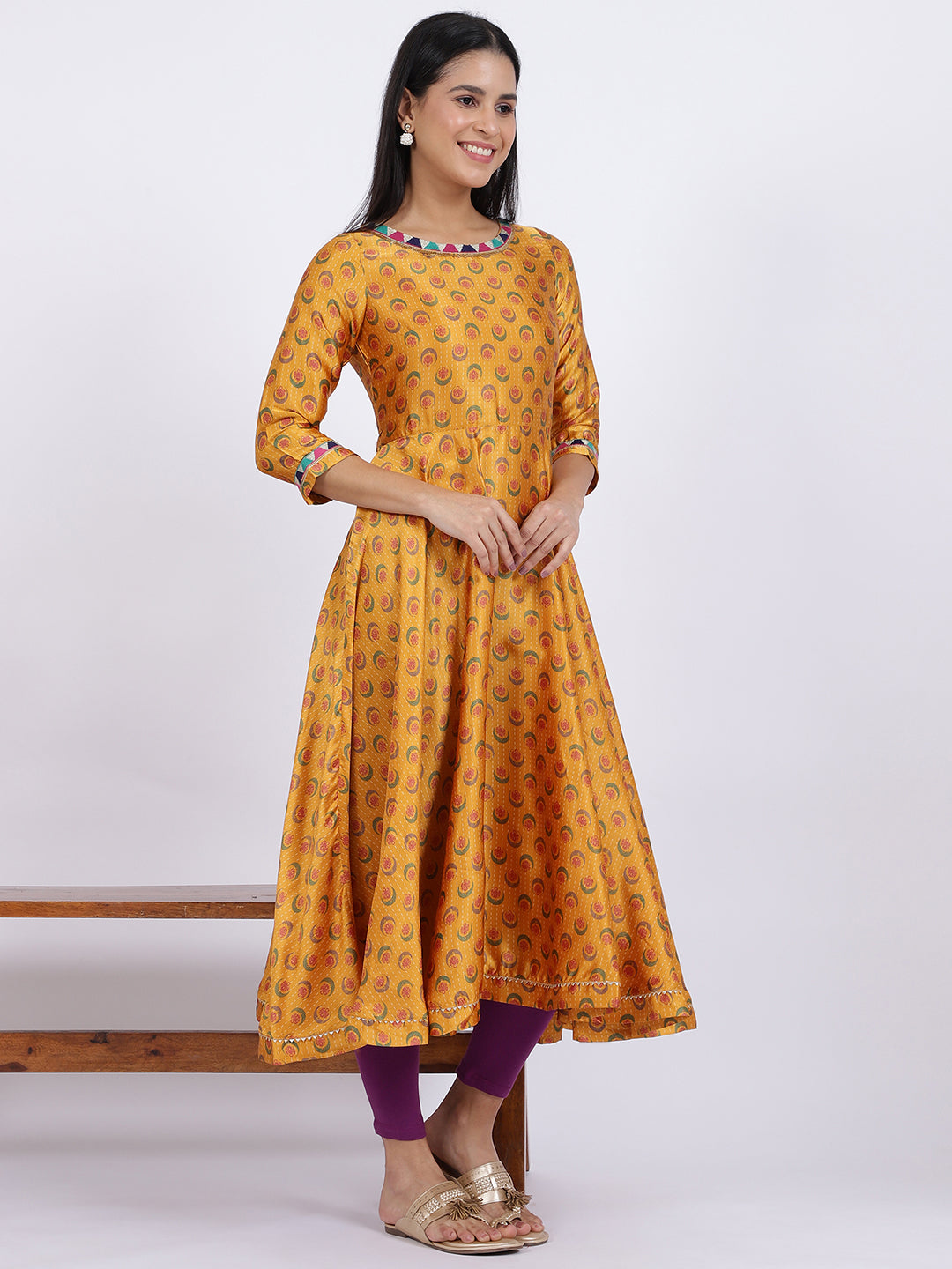 W for Woman Yellow Floral Printed Satin Festive Anarkali Kurta and Leggings Set with Dupatta