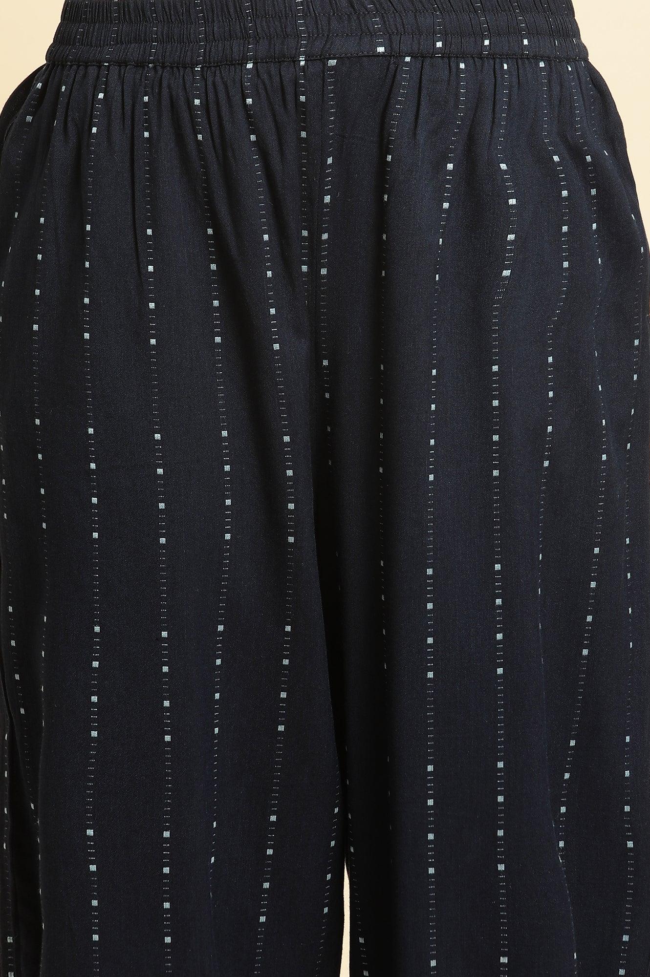 W for Woman Navy Blue Printed Cotton Kurta and Pleated Pants Set