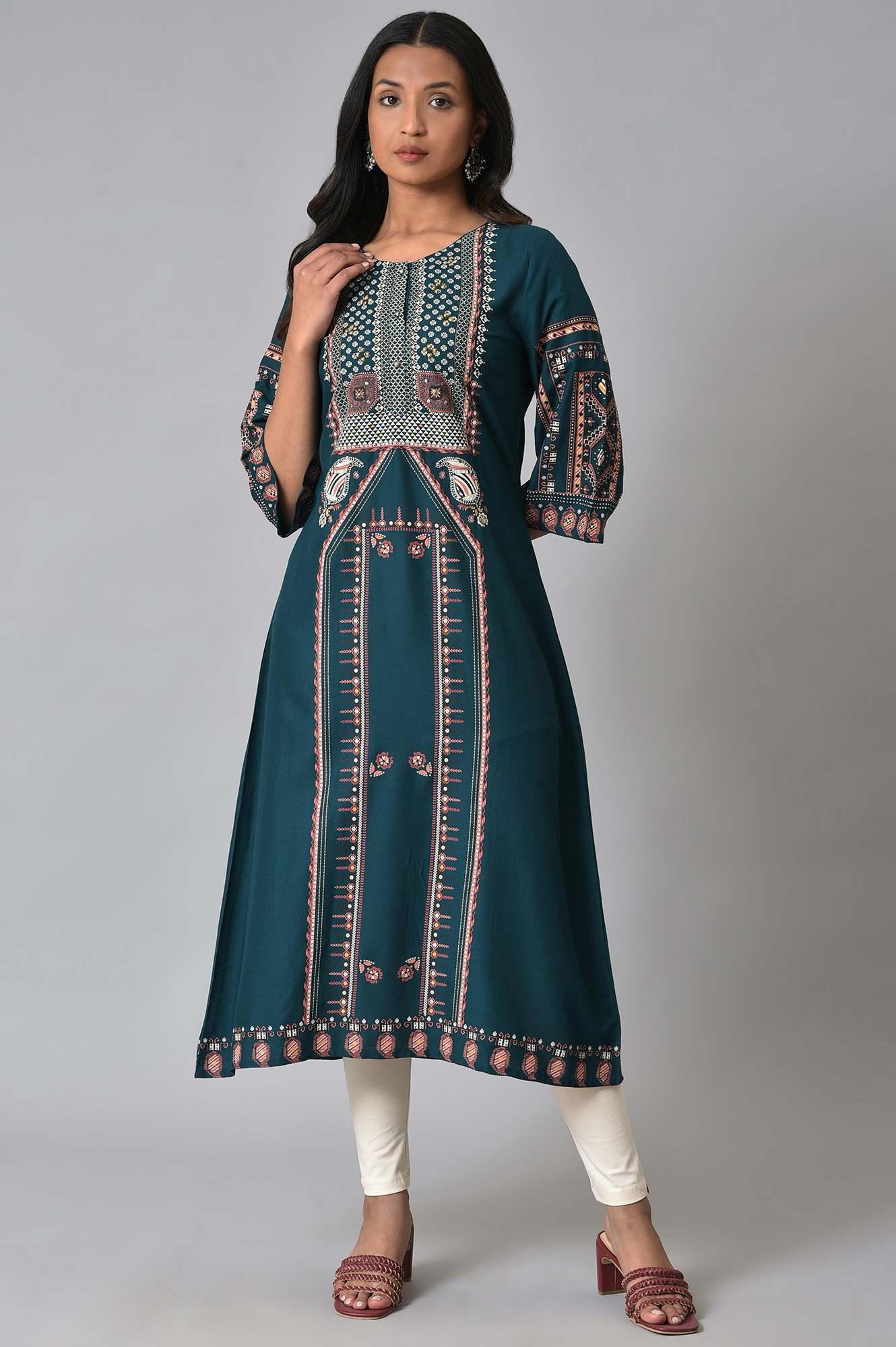 W for Woman Teal Fusion A-Line kurta