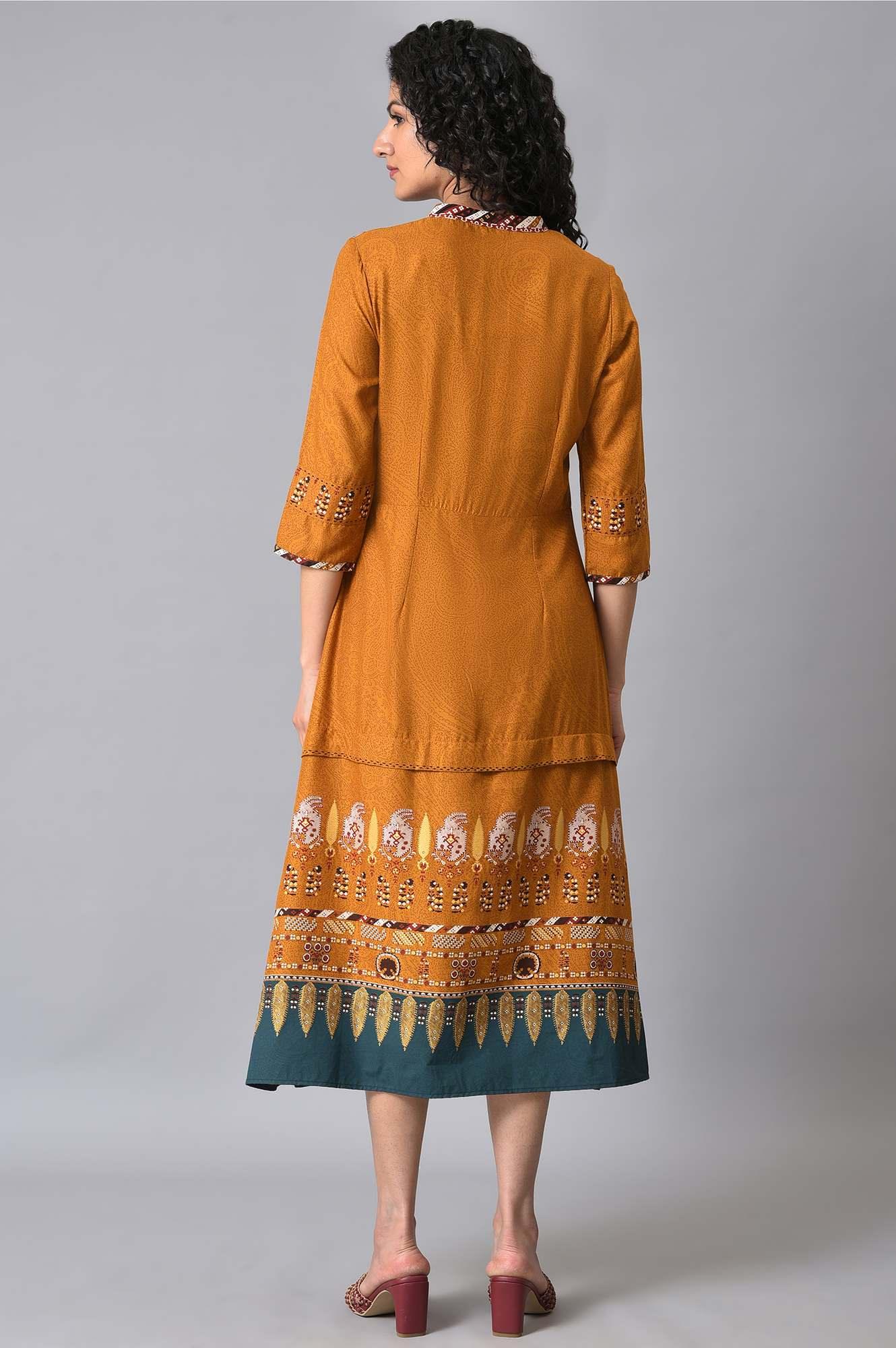 W for Woman Mustard Printed Plus Size A-Line Dress