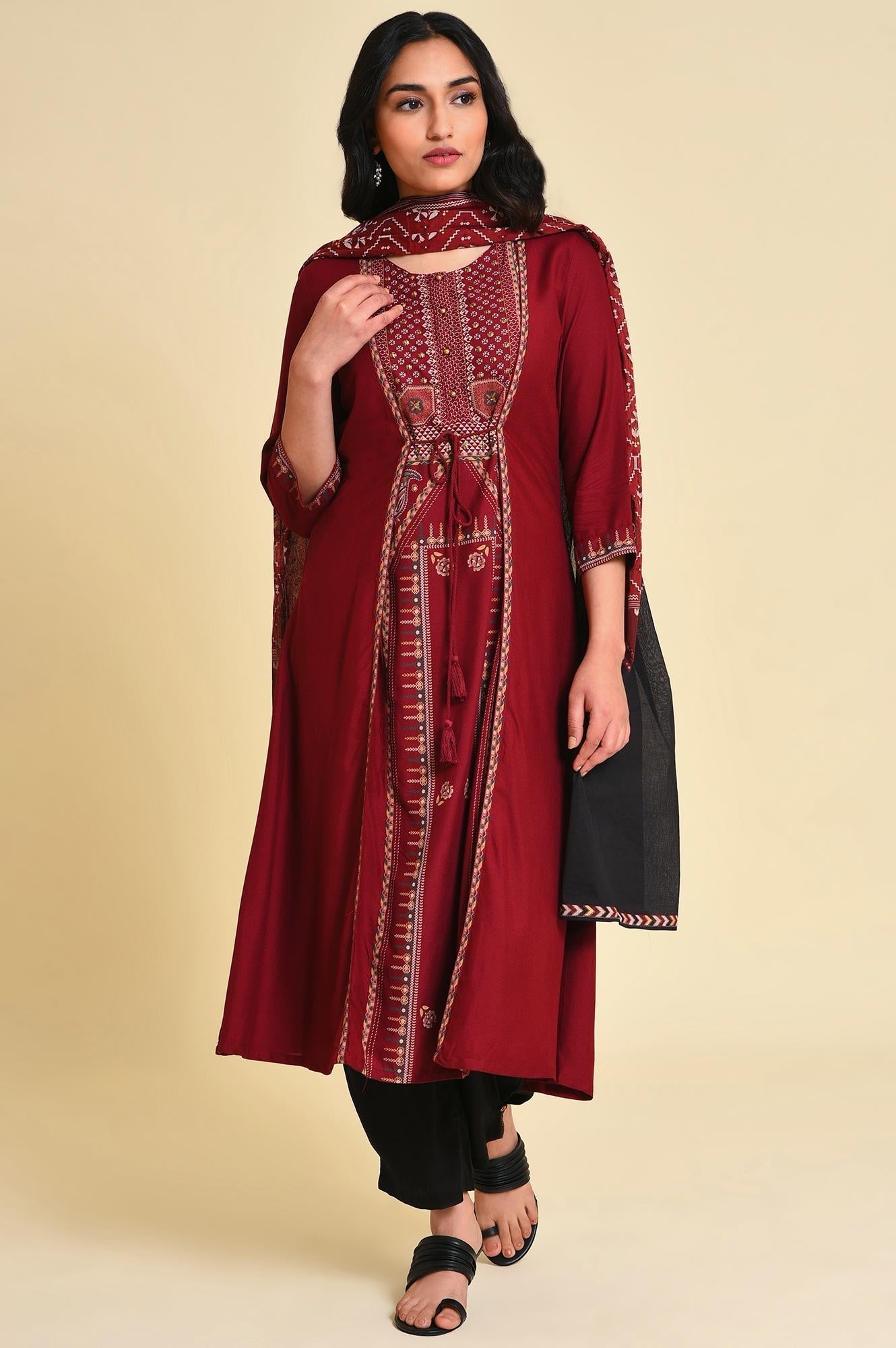 W for Woman Red Mock Layer Printed kurta