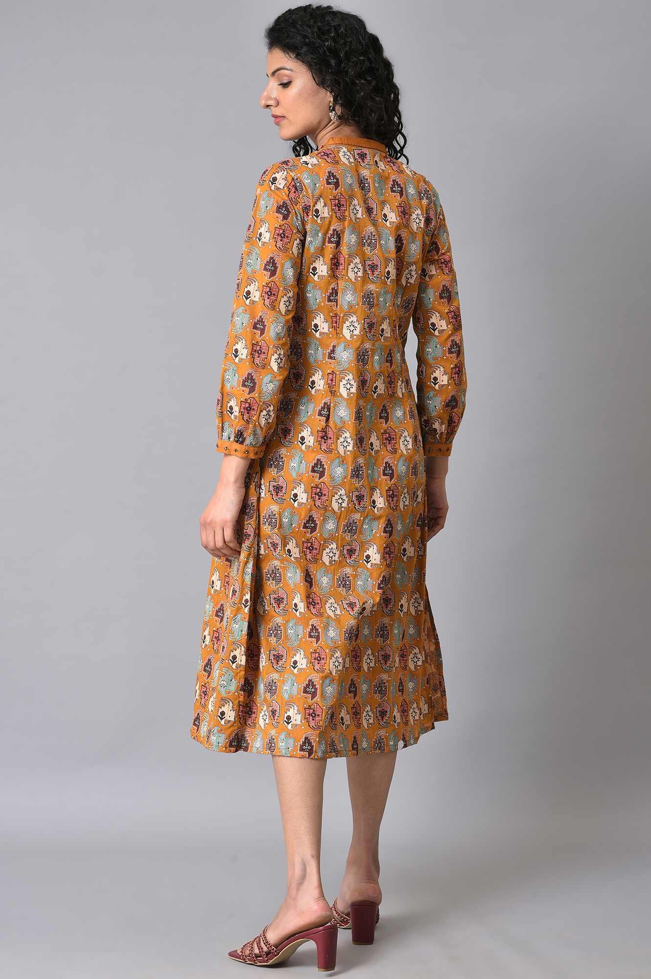 W for Woman Dark Yellow Printed Pleated Plus Size Shirt Dress